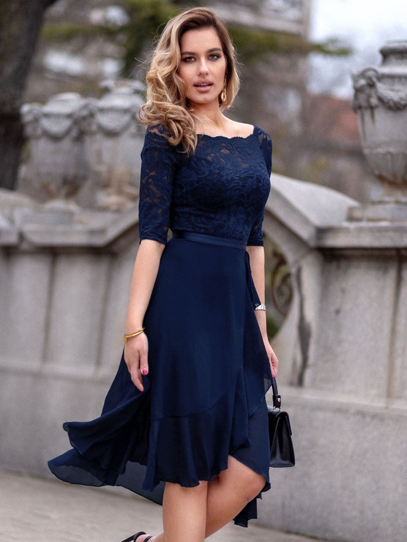 open lace back dress A-Line Navy Blue Lace V Back Flower Girl Dress Wedding Party Dress 9T --- Chest = 28 inches/ Waist = 27 inches/ Hollow to Knee = 28.5 Inches main image 0