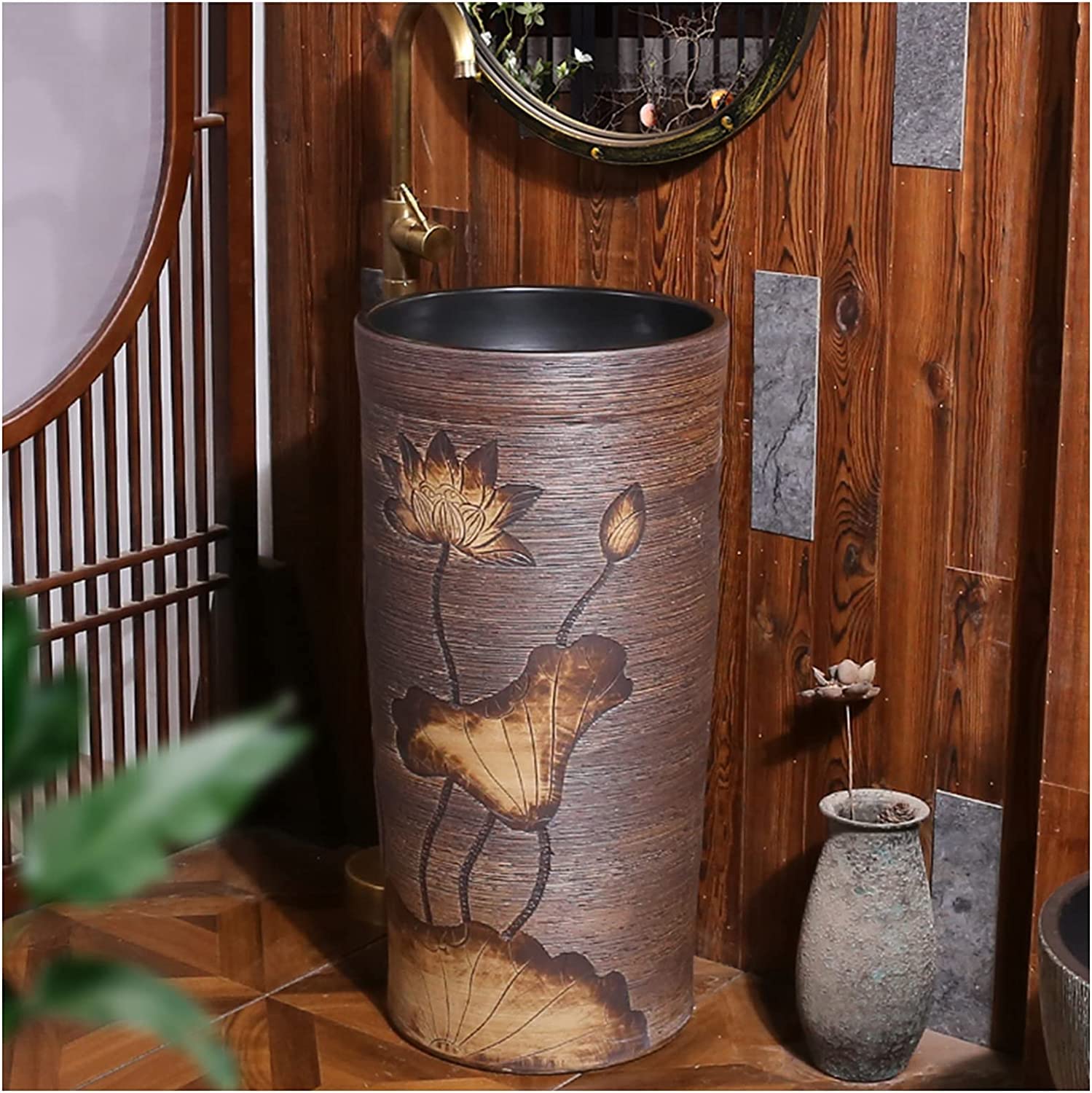 Wolnostojąca umywalka łazienkowa na cokole, sztuka, hotel, dom, zlew na cokole, ręcznie wykonana ceramiczna umywalka na cokole, zlew okrągły z gliny kaolinowej (A bez lustra)