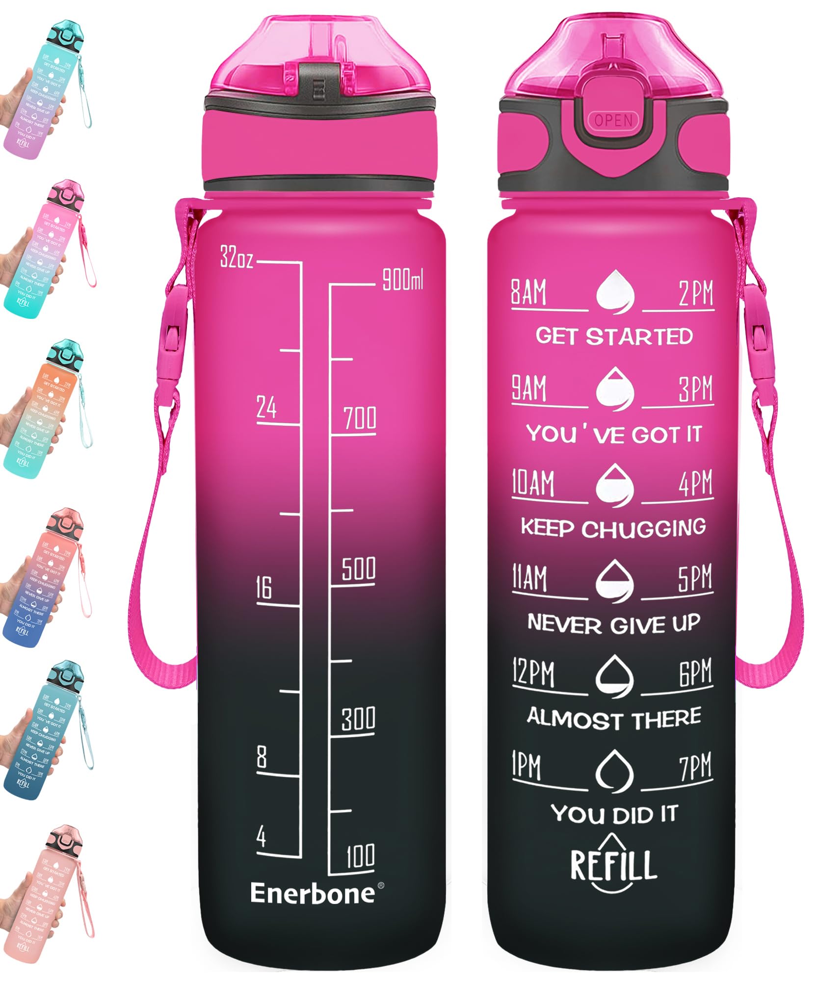 Enerbone 32 oz Drinking Water Bottle with Times to Drink and Straw, Motivational with Carrying Strap, Leakproof BPA & Toxic Free, Ensure You Drink