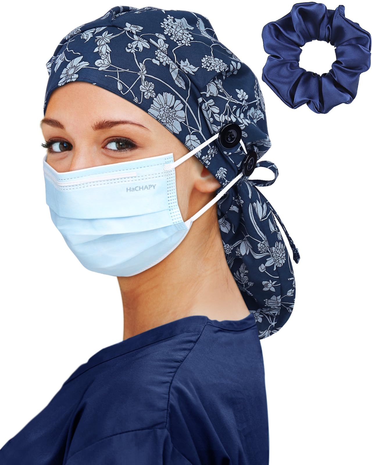 Satin Lined Scrub Cap for Women Extra Large Long Hair Surgical Nurse Cap 4 Buttons