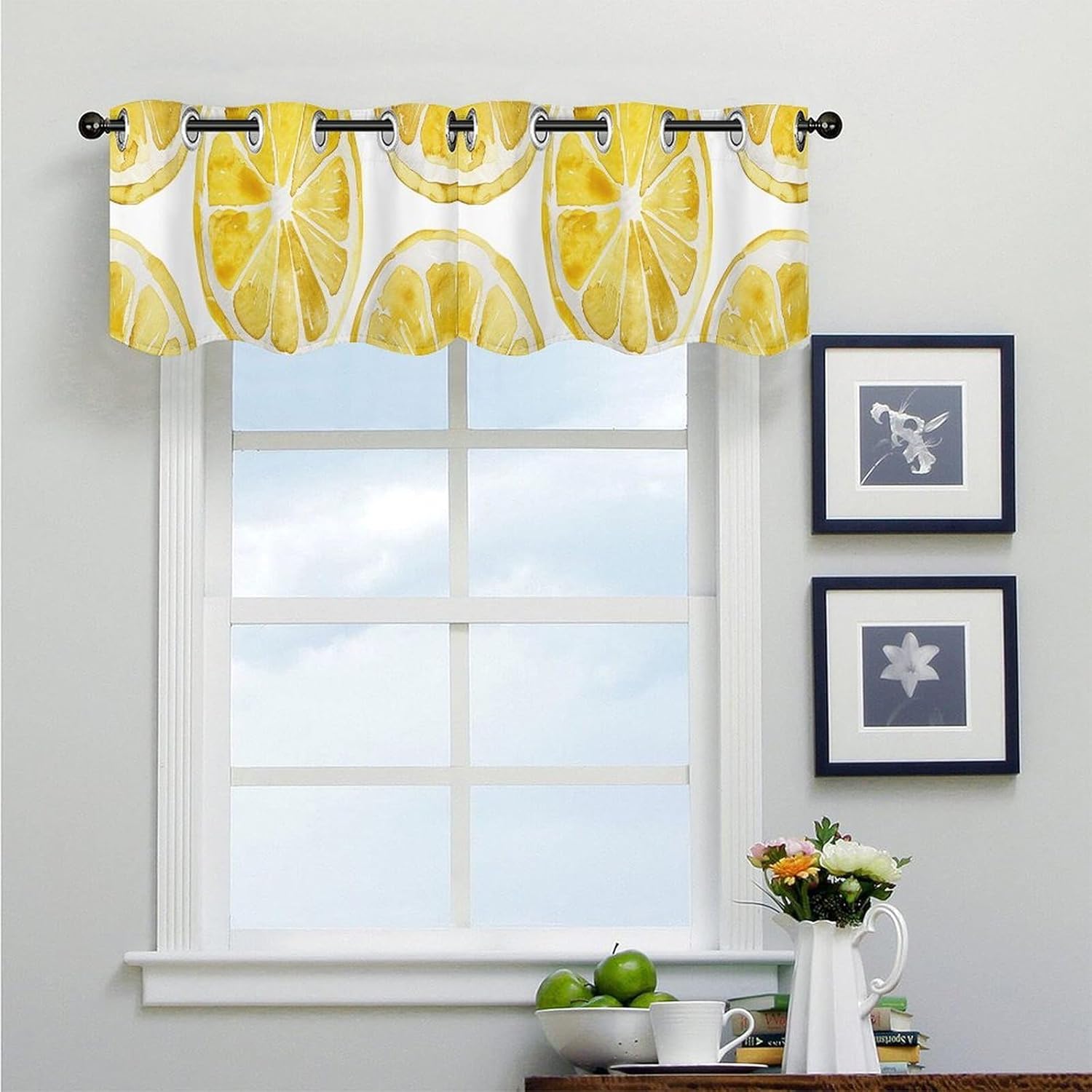 Lemon Slice Pattern Valance for Windows, 2 Pack Kitchen Curtains Modern Home Decor, Soft Blackout Window Curtains for Living Room & Bedroom, 18 X 52 Inch