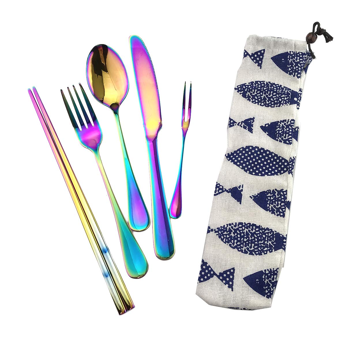 Puzhler Shiny Silverware Set with Straws Stainless Steel Healthy & Eco-Friendly 7 Pieces Travel Flatware Set for Travel or Camping, Knife Fork Spoon Chopsticks Straws Fruit Fork(Rainbow)