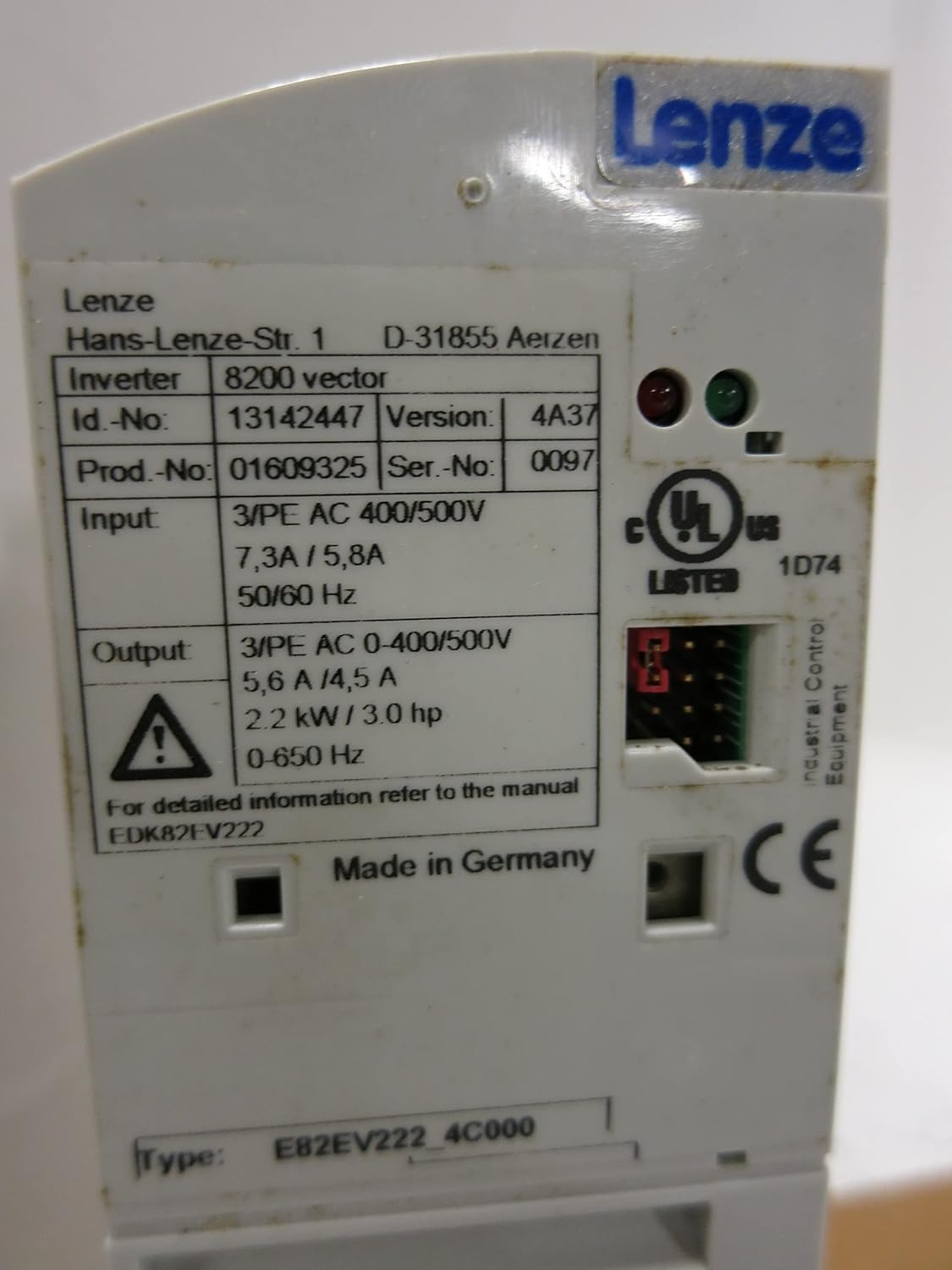 Close-up of the product label on Lenze E82EV222K4C000 Frequency Inverter