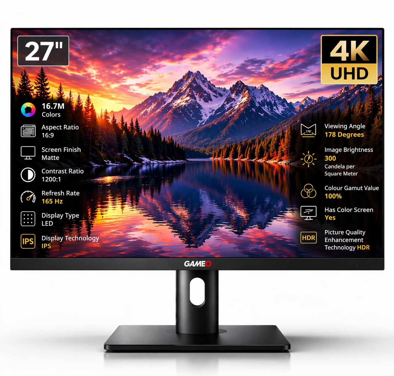 GAMEO 27 Inch Gaming Monitor, 4K UHD 3840×2160 165Hz, Fast IPS Computer Monitor, 1ms MPRT, HDR ready, 100% sRGB, Adaptive Sync, HDMI 2.1 & DP 1.4, Height Adjustable, VESA 100x100, G Series 27UHD165IPS