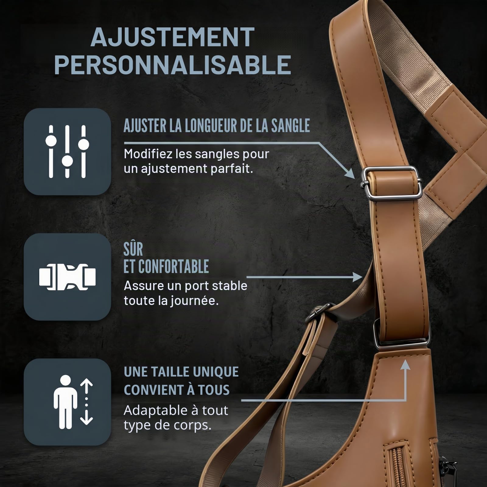 Sac à bandoulière double pour homme et femme en cuir de qualité supérieure réglable avec deux poches
