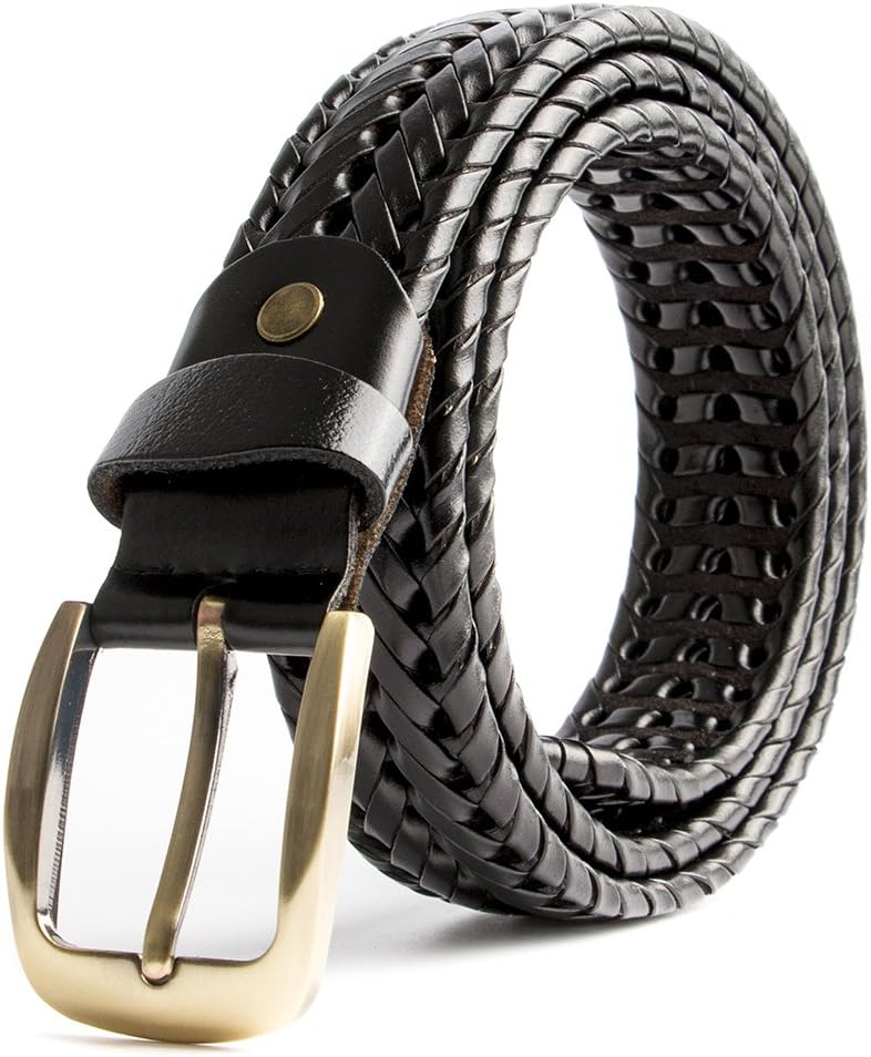 ECHAIN Men Braided Woven Genuine Leather Belt Brown