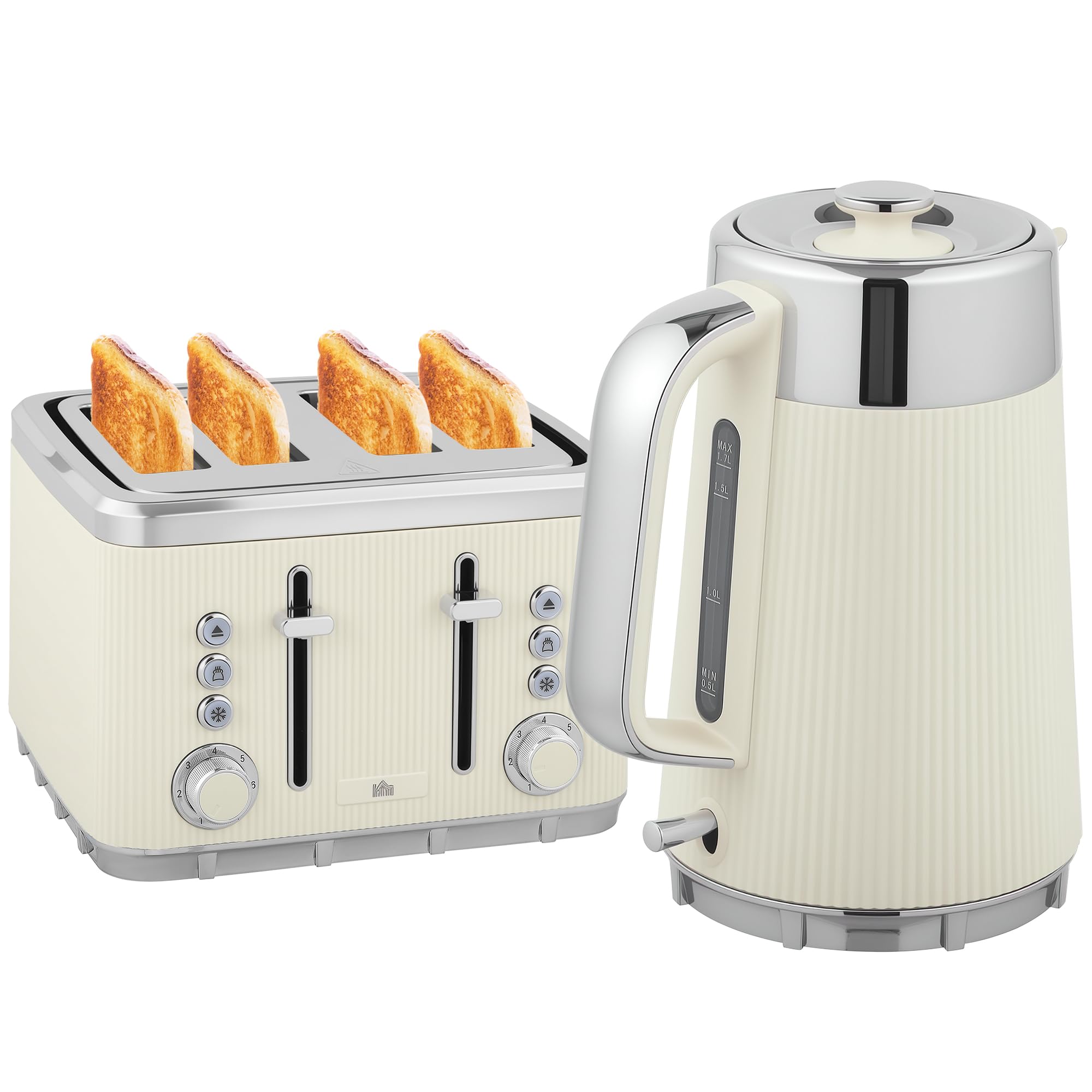 HOMCOM Wasserkocher Toaster Set 1,7L 2200W Schnell Wasserkocher mit Edelstahl-Innenraum, Entkalkungsfilter, Kühl-Gefühl-Gehäuse, Thermostat 4 Scheiben Toaster mit 7 Bräunungsstufen, Krümelfach