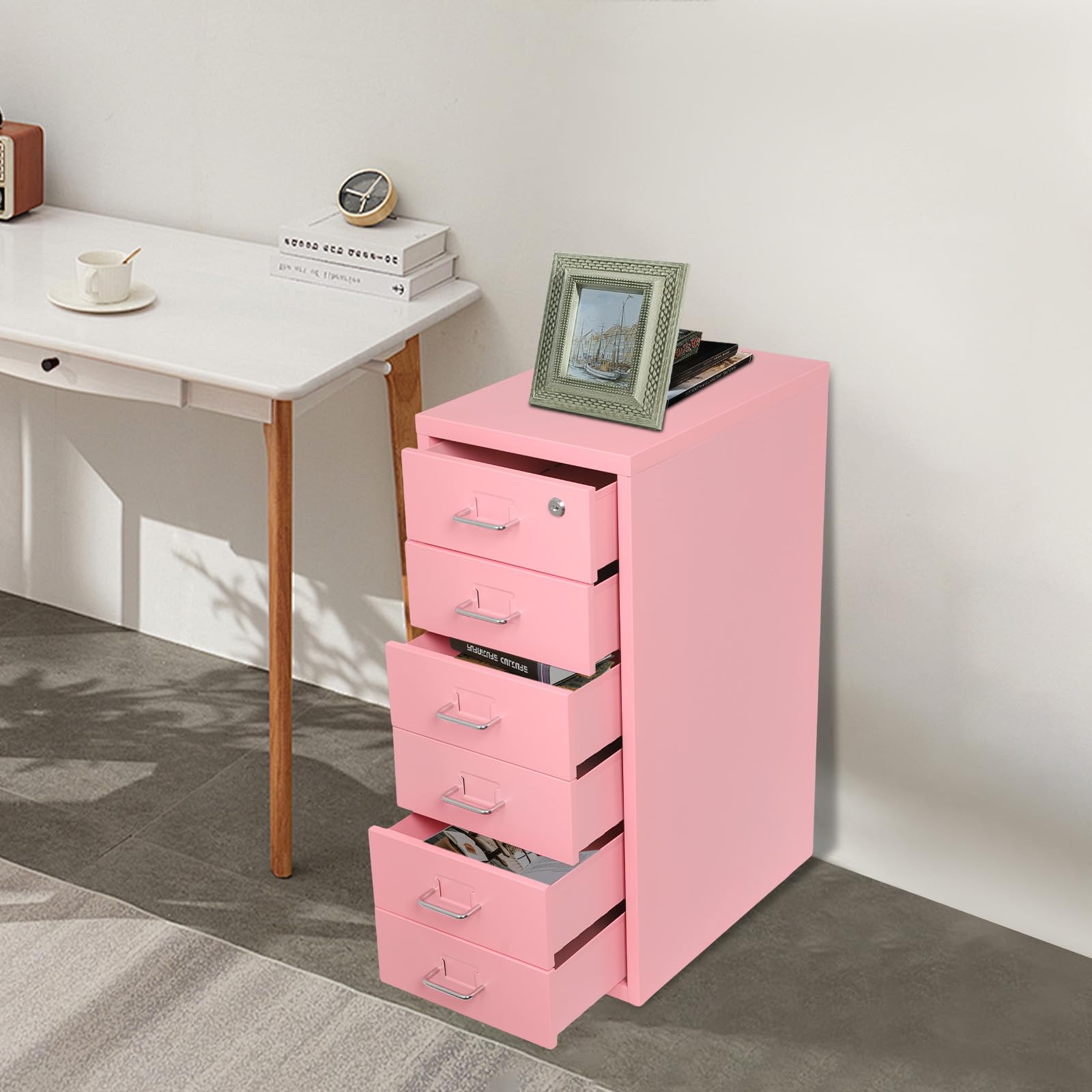 Cassettiera mobile con 6 cassetti, armadietto da ufficio con ruote, in metallo, per ufficio, studio, rosa