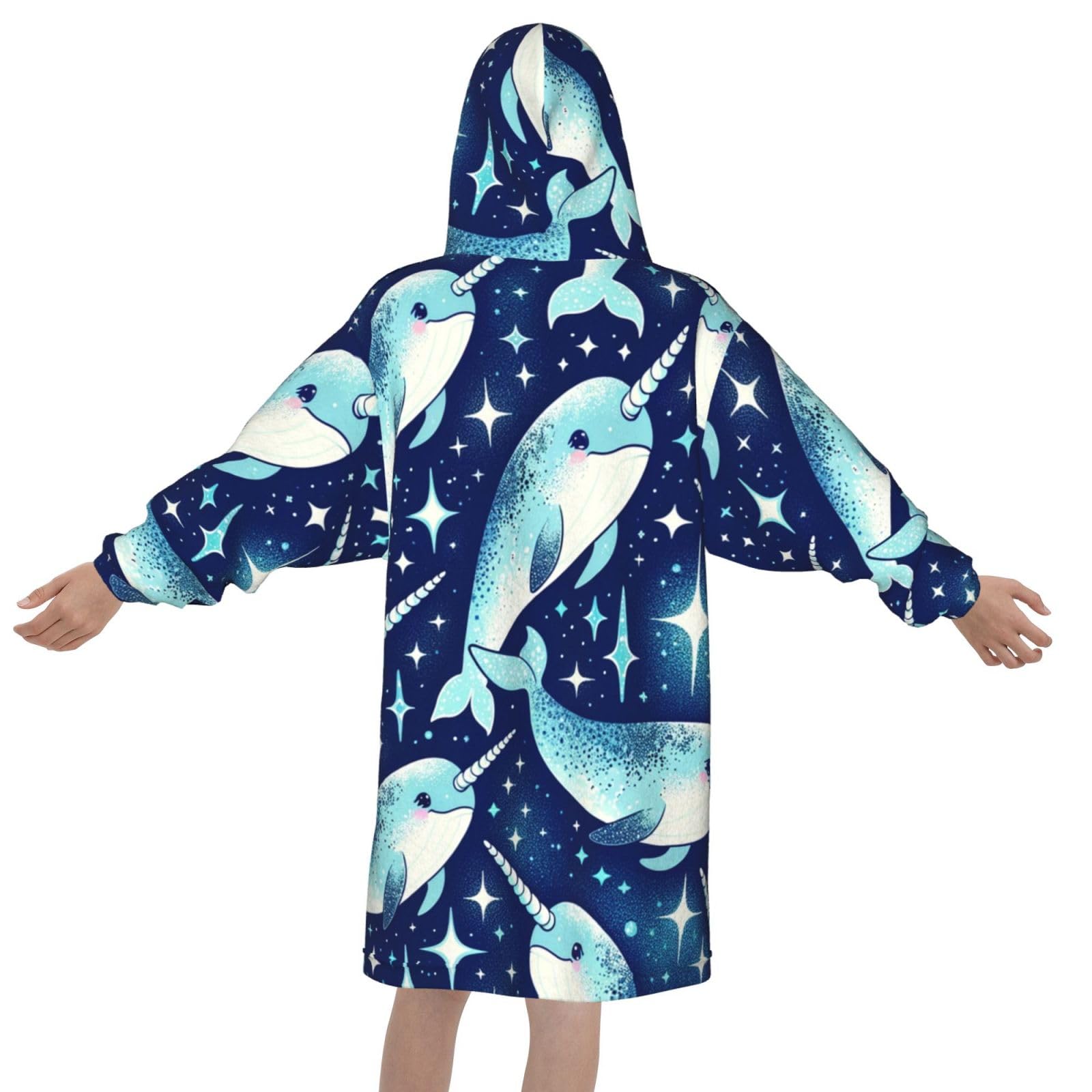 Augenstern Flannel Wearable Blanket Hoodie Cute-Narwhal-Blue-Shining Oversized Sweatshirt Hooded Blanket With Pocket