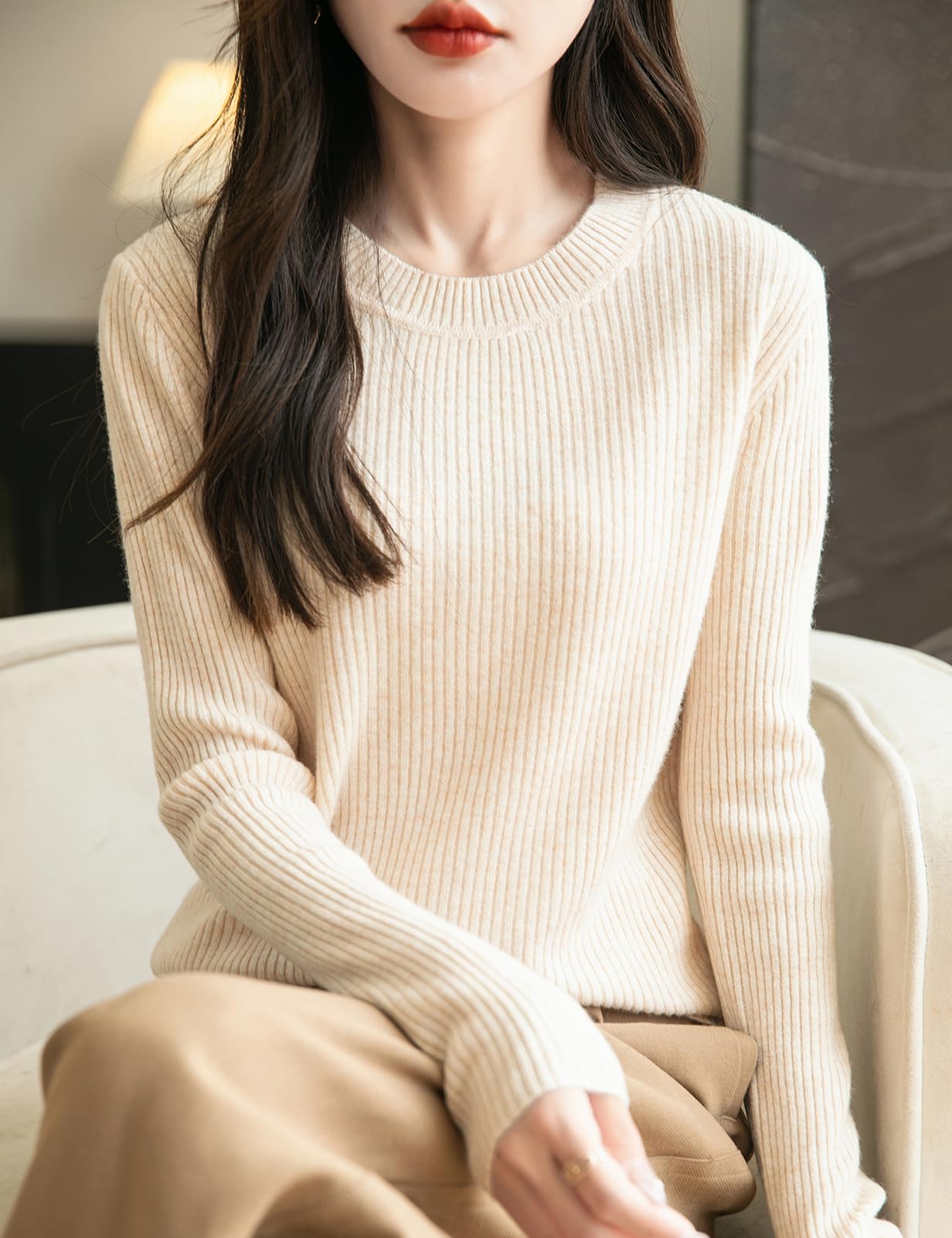 Chanyarn Damen 100% Merinowolle Pullover 2024 Herbst Winter Rundhalsausschnitt Lange Ärmel warm RIPP Strick Pullover