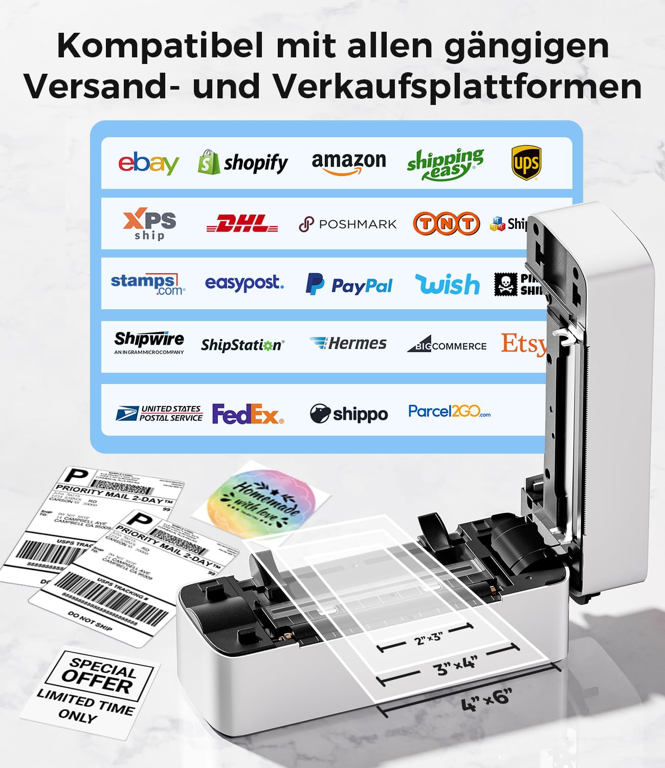Phomemo Bluetooth DHL Etikettendrucker, Label Printer 4x6 Versandetiketten Drucker, Labeldrucker Thermodrucker für Barcode, Amazon, Etsy, Shopify, DHL, DPD, GLS, FedEx, Ohne Tinte, 241BT Schwarz-weiß