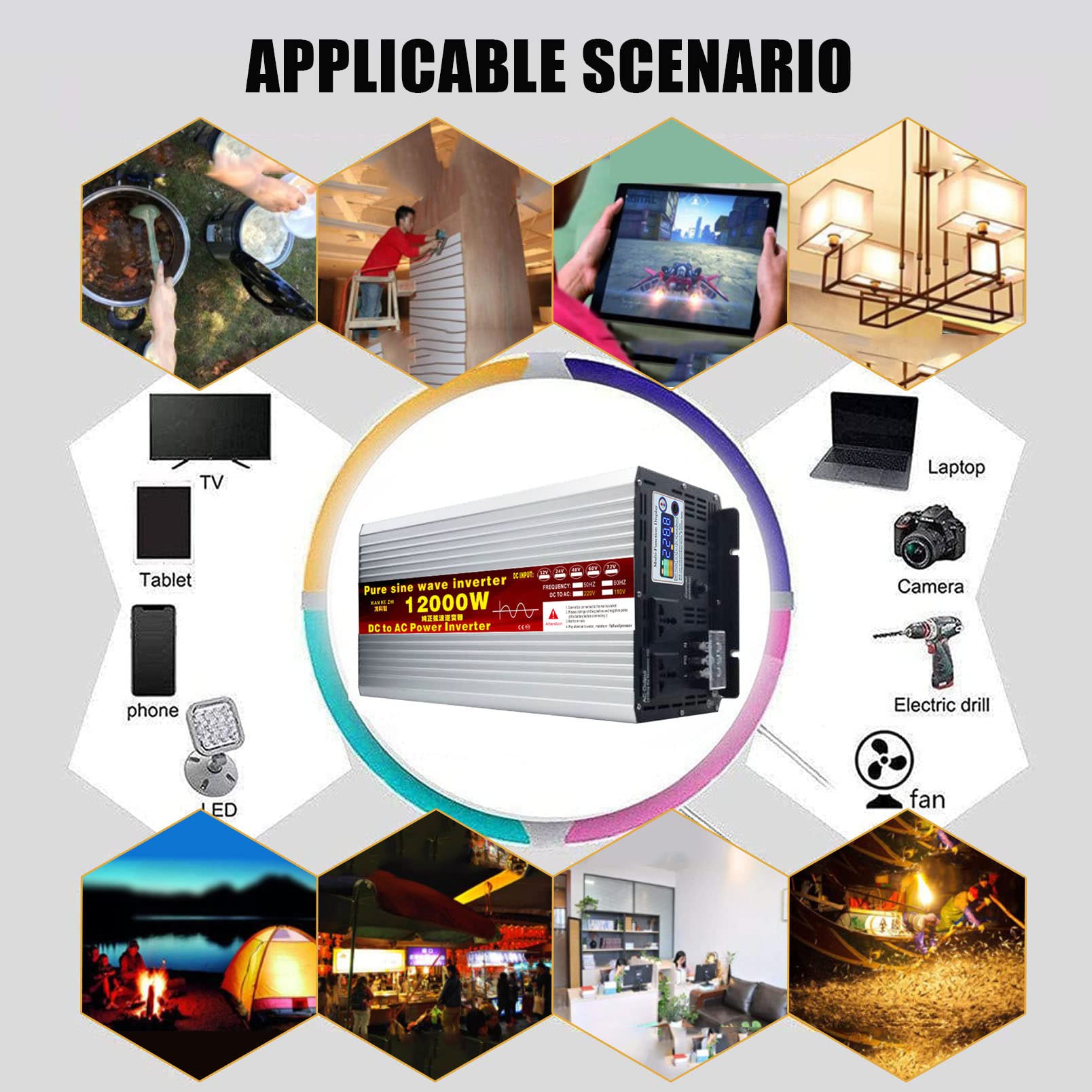 Falownik 6000W,8000W,10000W,12000W przetwornice samochodowe 12V/24V/48V/60V/72V DC na 110V/120VAC konwerter z podwójnym gniazdkiem AC,do awaryjnego układu słonecznego samochodu RV,8000W-12VTO110V
