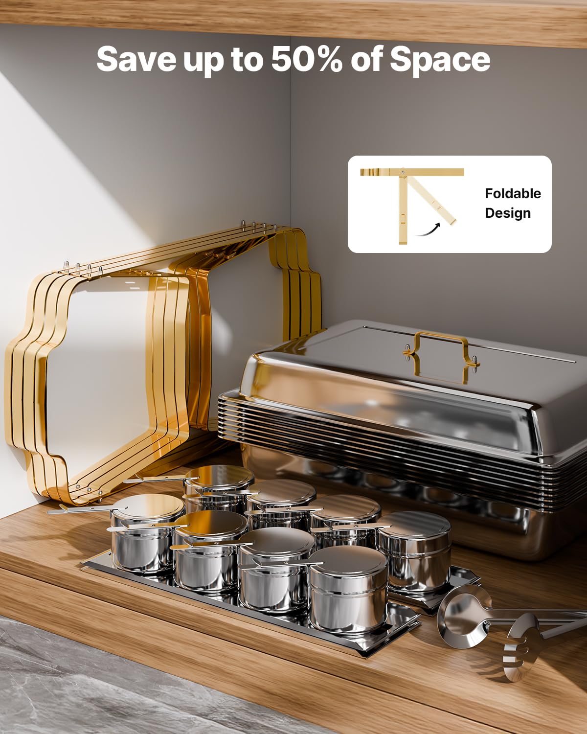 VEVOR Chauffe-Plat 4PCs 7,5 L, Buffet Chauffant Rectangulaire, Réchaud en INOX, avec 2 Bacs Pleine Taille, 6 Bacs Demi-Taille et Couvercle, pour Buffet Libre-Service Hôtel Traiteur Restauration, Doré