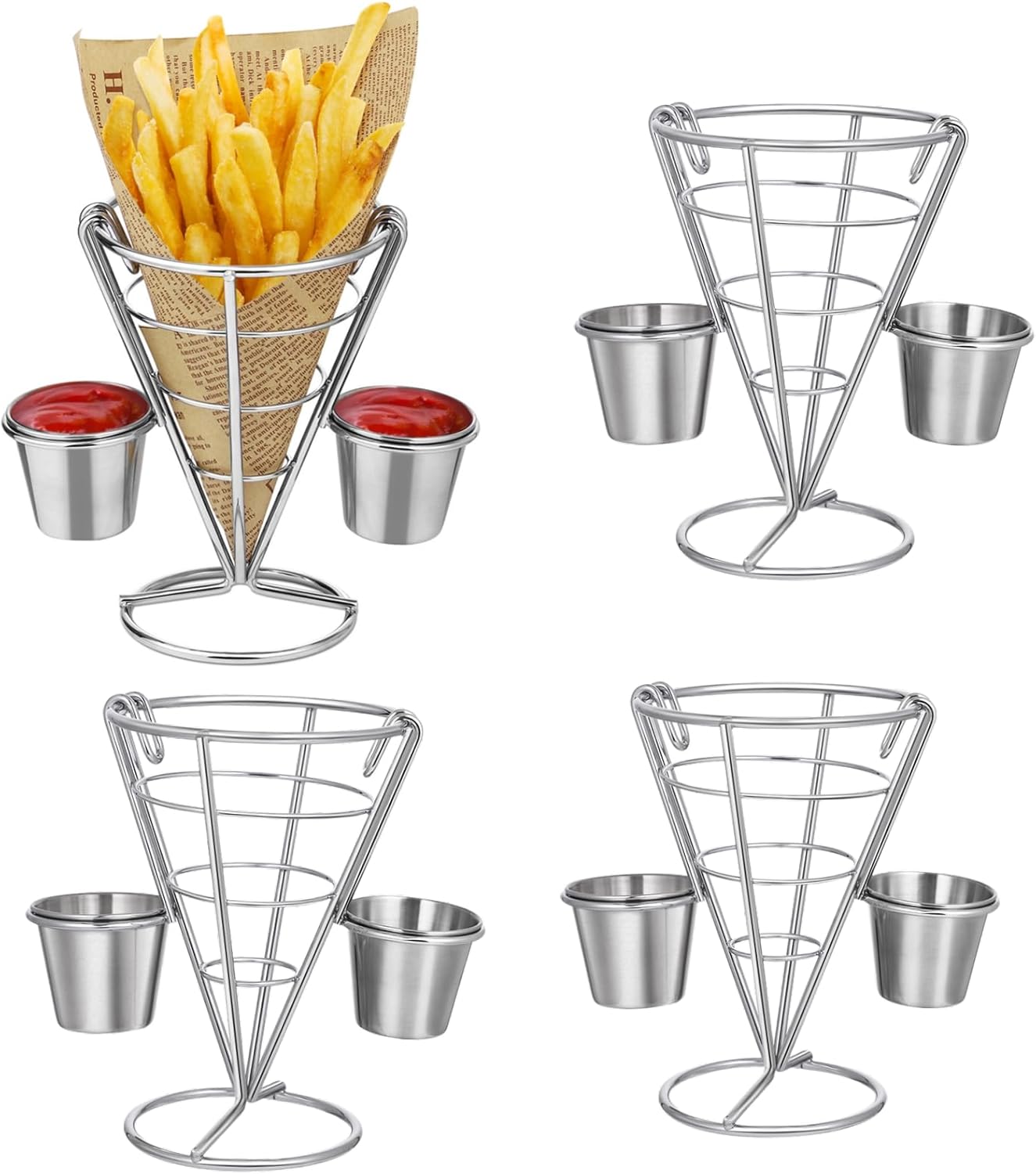 DOITOOL Metal French Fries Stand Cone, 4PCS Wire French Fry Serving Basket with 2 Sauce Dippers for Snack Fried Chicken Display for Party Bar Restaurant Picnics and Outdoor Events