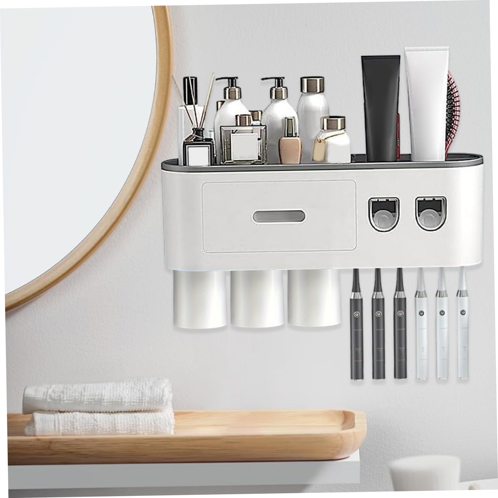 Dispensador automático de Pasta de Dientes con 3 Tazas, Soporte para cepillos de Dientes montado en la Pared, Organizador de baño sin Taladro, Estante de Almacenamiento de ABS Gris