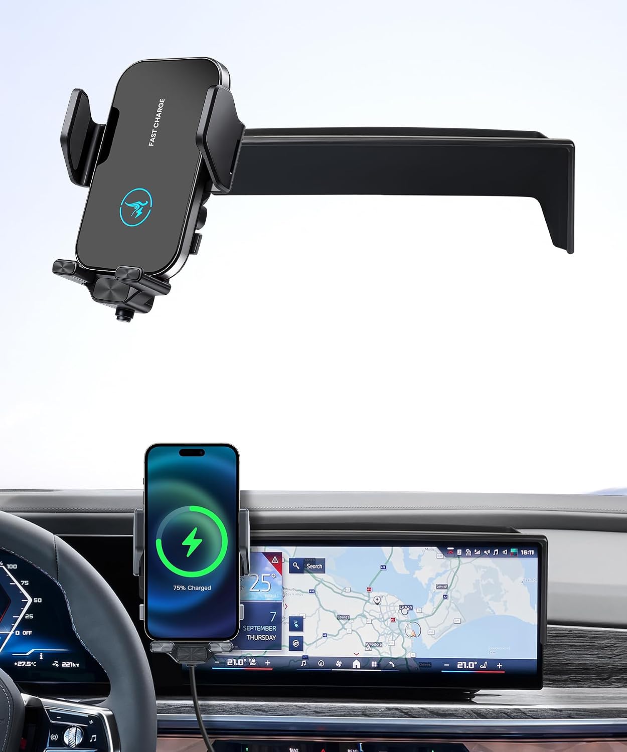 15W Wireless Fast Charger for 2023-2026 BMW 7 Series/i7 Accessories 14.9 inch Screen Fixed Clip, Interior Decoration Mobile Phone Mount, 360° Rotation, Vehicle-Specific Custom Mount