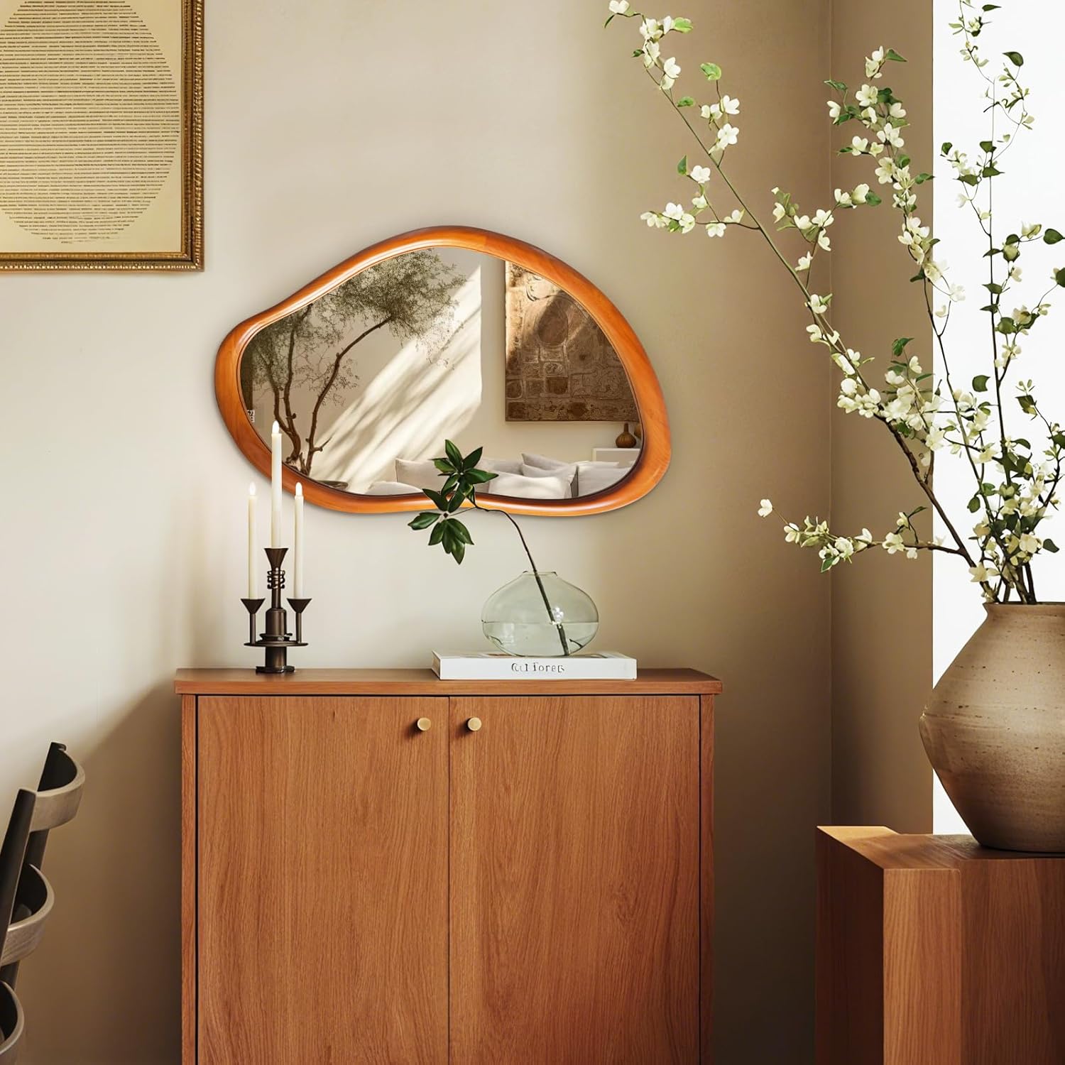 35"x24" Wood Wall Mirror, Rustic Asymmetrical Bathroom Mirror with Wood Frame, Farmhouse Vanity Mirror for Living Room, Bedroom, Entryway, Shatterproof, Vertical/Horizontal, Chestnut Chestnut 35"L x 24"W