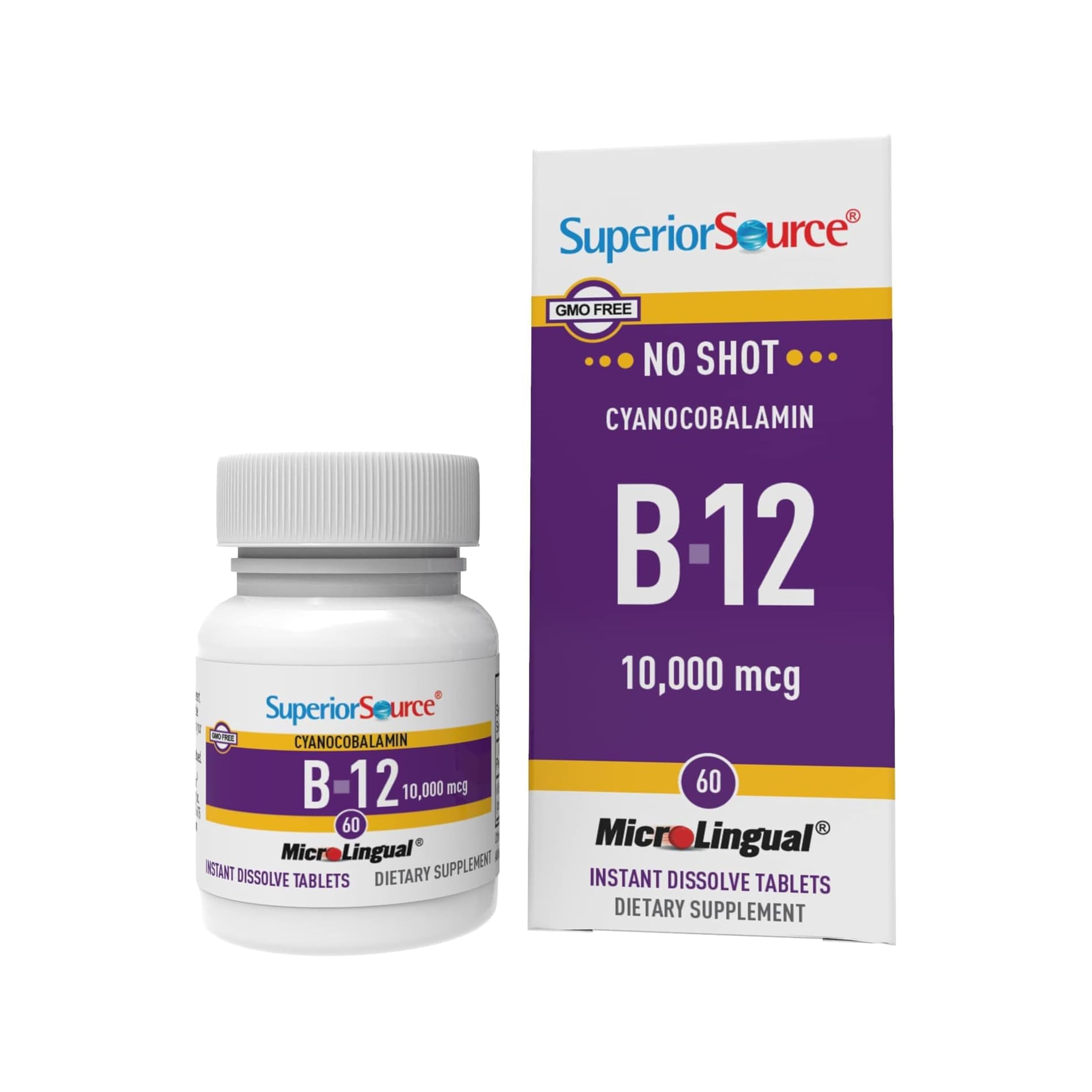 No Shot Vitamin B-12 Cyanocobalamin 10000 mcg - Vitamin B-12 to Support Energy Production, Brain Health & Overall Wellness - Sublingual Tablets - 60 Dissolvable Tablets