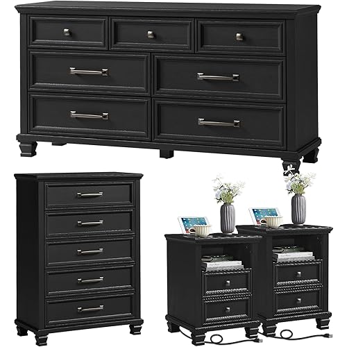 Farmhouse Dresser and Nightstand Sets 4 Piece, 5/7 Drawer Dresser & 2 Drawer Nightstand Set, Rustic Wood Bedroom Furniture Set for Home, Bedroom, Hallway, Black
