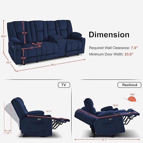 Miniatura 3 de MCombo Zero Gravity 3 Seater Power Reclining Sofa with Console, Heat and Vibration Massage, Recliner Couch for Living Room, Fabric 6035SET (Navy
