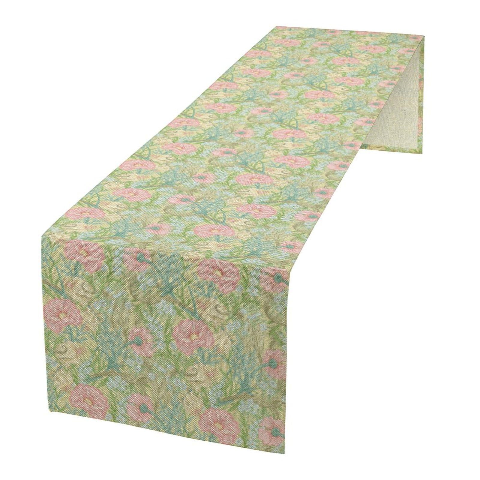 William Morris Floral Table Runner Cute Pink Green Botanical Printed Flower Leaf Pattern Dinner Runner for Home Kitchen Dining Table Decoration