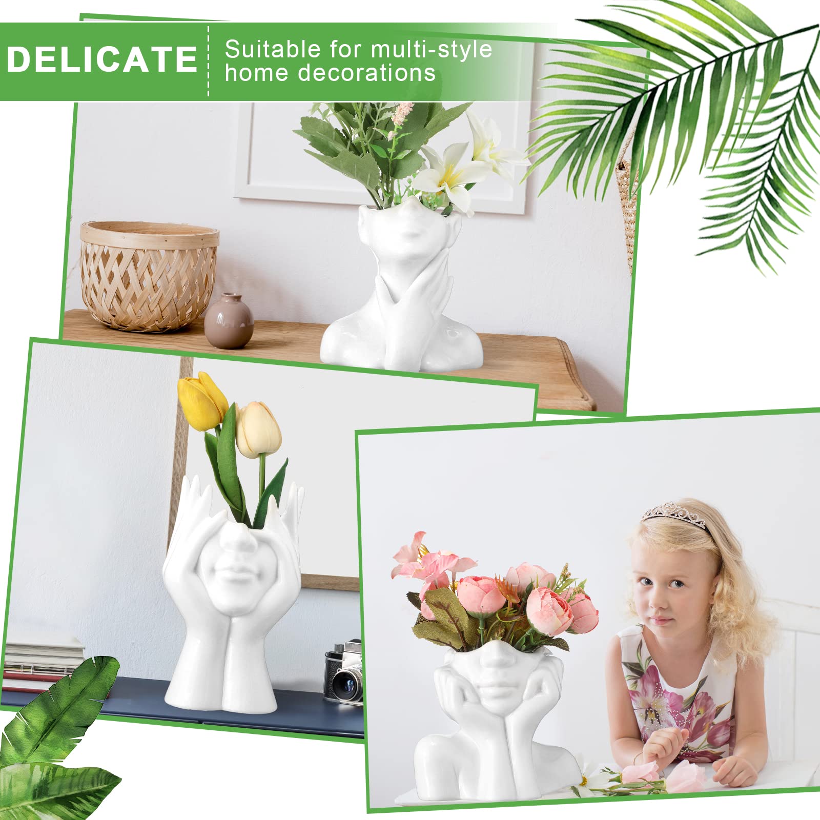 Sieral 3 vasi da fiori in ceramica a forma femminile, per la decorazione moderna, vaso decorativo per il corpo, vaso a testa a metà busto per tavolo, mensola, casa, camera da letto, ufficio (grande,