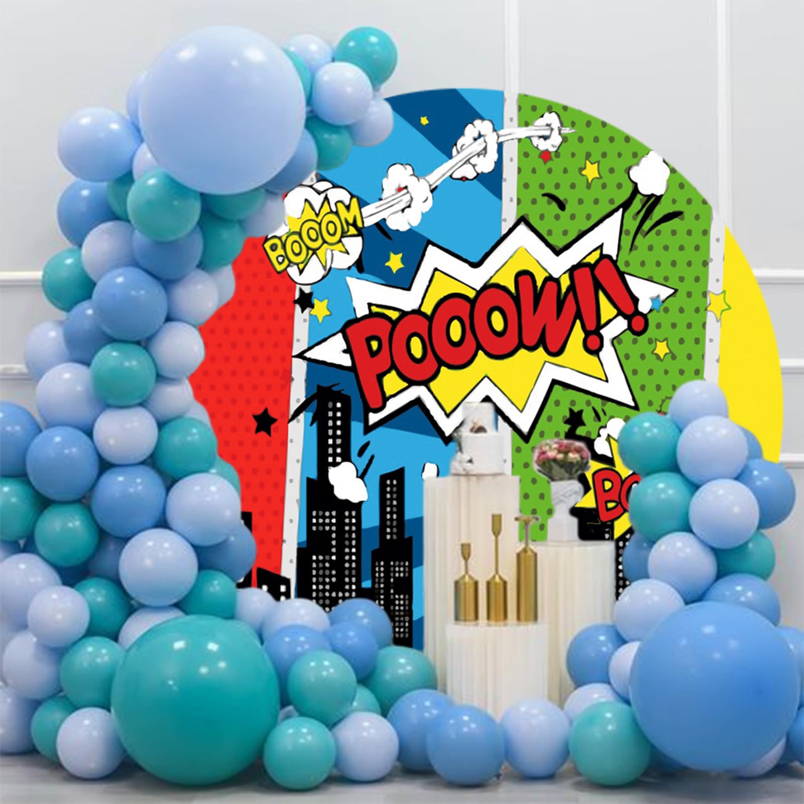 Tintinnante Supereroe Città Sfondo 200cm Fumetto Architettura Notte Rotondo Copertina Cartone Animato Super Boom Fotografia per Neonati Bambini Compleanno Banner