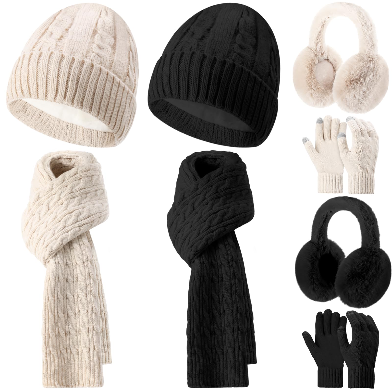 8 Pcs Winter Beanie Hat Scarf Gloves Ear Warmer set Warm Fleece Knit Hat Touch Screen Gloves Earmuff for Women men-image-43