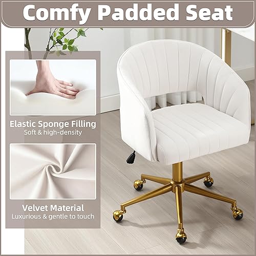 Miniatura 5 de ABET Desk Chair with Wheels, Velvet Home Office Chair, Swivel Armchair Gold Base, Upholstered Modern Accent Chairs, Back Incline Adjustable for