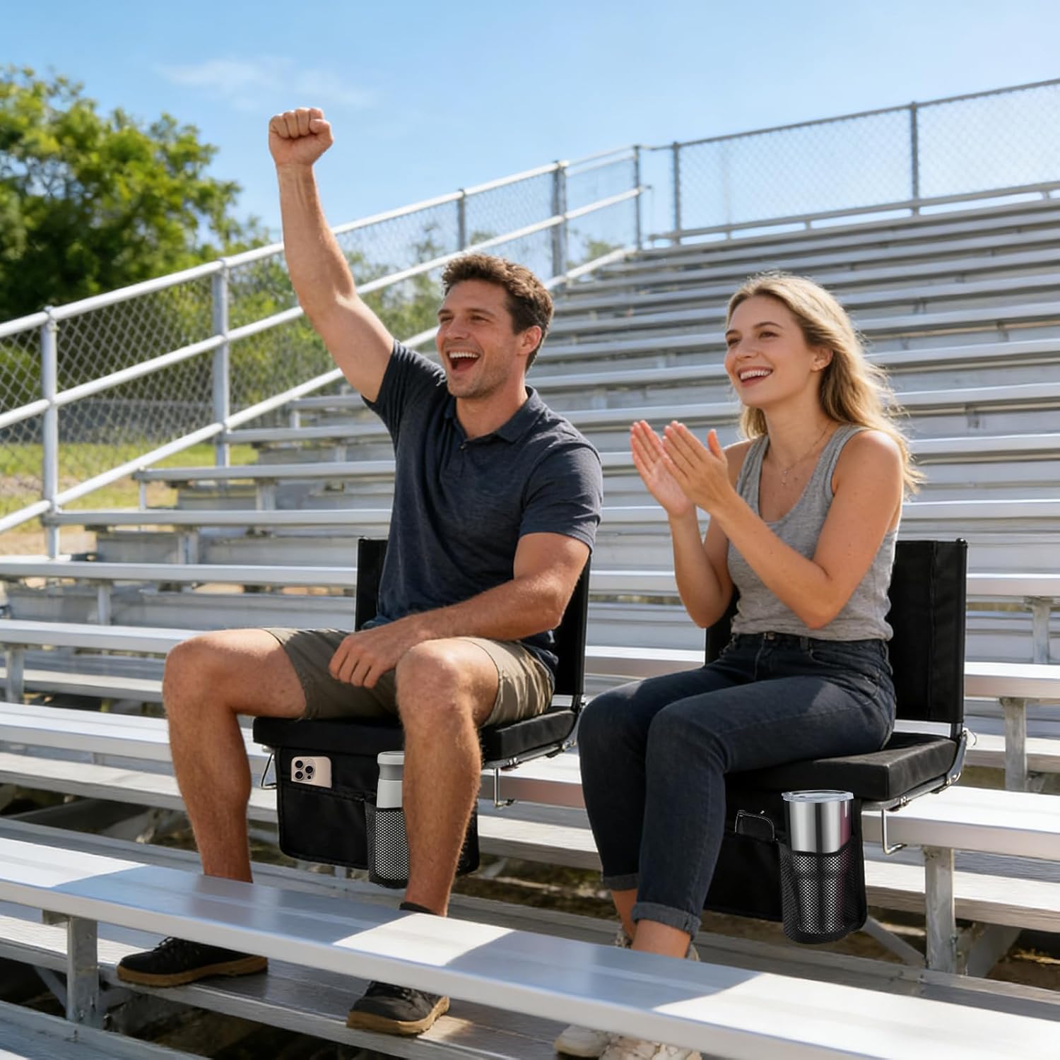 NEWBULIG 2 Pack Stadium Seats with 15.6" Back Support, Wide Bleacher Chairs with 3.15" Thick Padded, Portable Folding Lightweight Bleacher Seat with Hooks for Sports Events, Concerts, Camping, Black