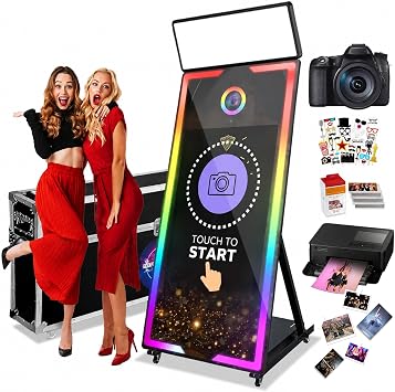 Magic Mirror Photo Booth with Camera and Printer, 62" Photo Mirror Booth with 32" Touch Screen,Flight Case,Remote Control RGB Light,Instant Print and Share Professional Photography for Parties
