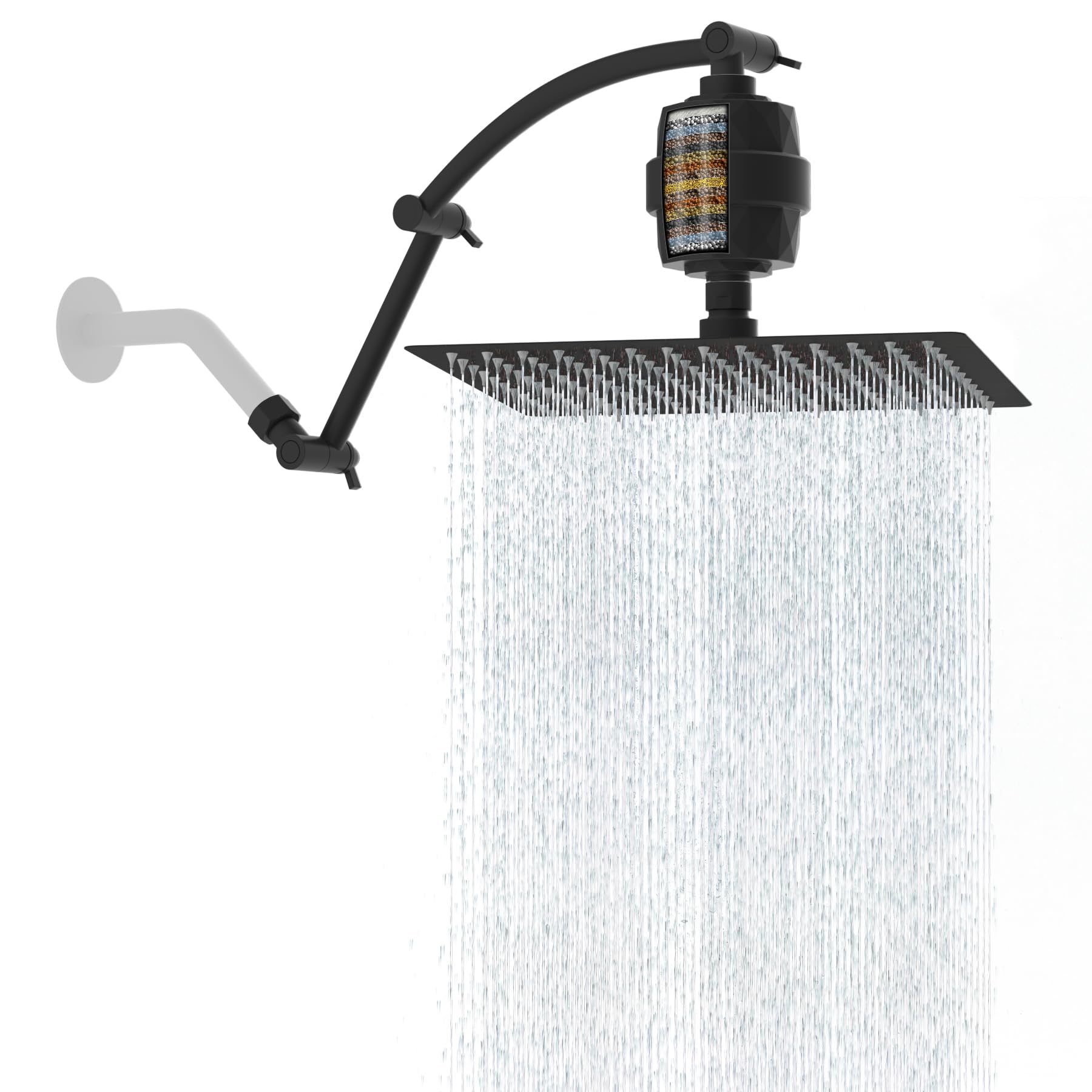 Hibbent Cabezal de ducha de metal filtrado por lluvia, cabezal de ducha de alta presión de 12 pulgadas con brazo de extensión de ducha de 16 pulgadas, filtro de ducha de 20 etapas, extensor de brazo