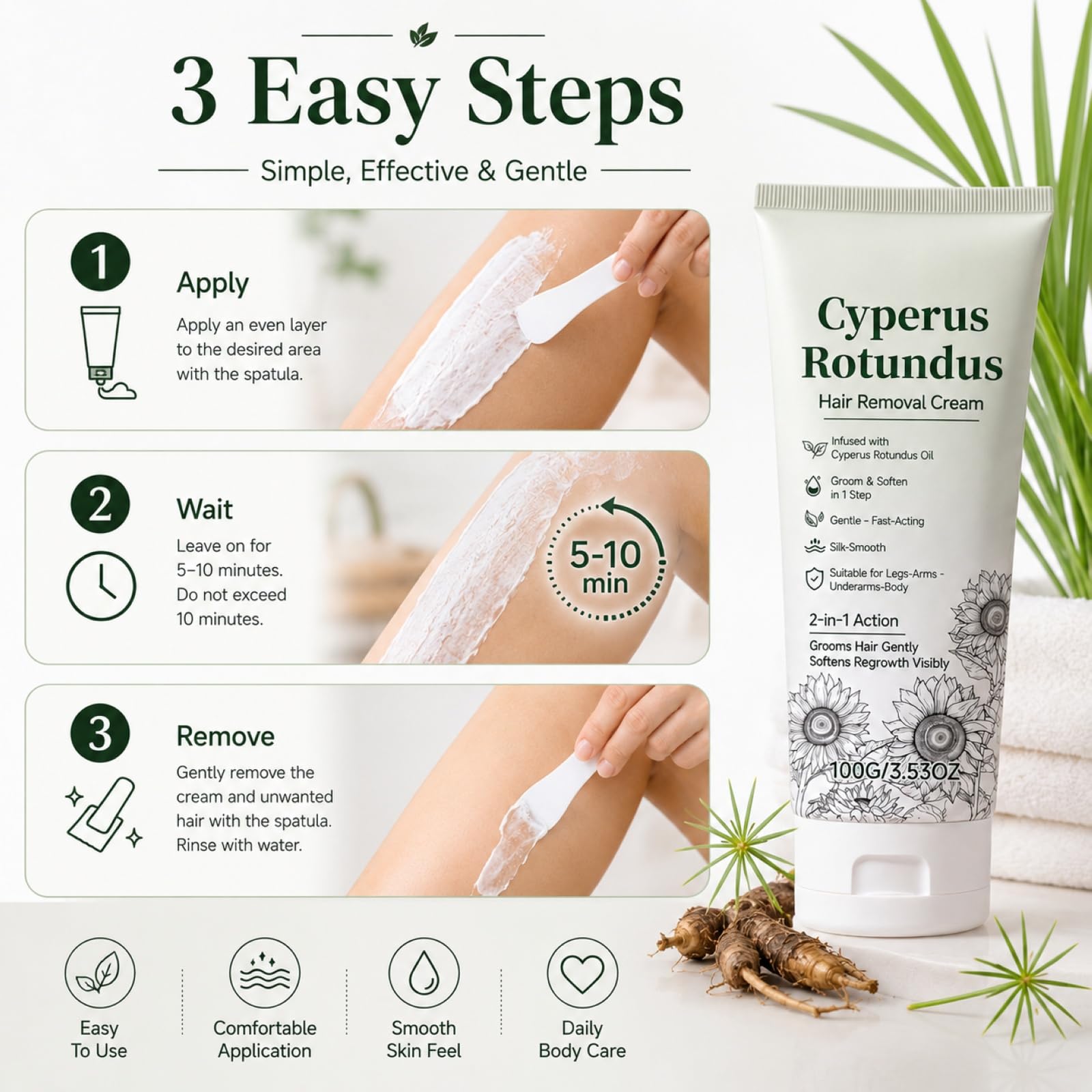 Cyperus Rotundus - Crema depilatoria a base di erbe, crema depilatoria naturale delicata per corpo e zona bikini con raschietto, 2 in 1 (5 pezzi)