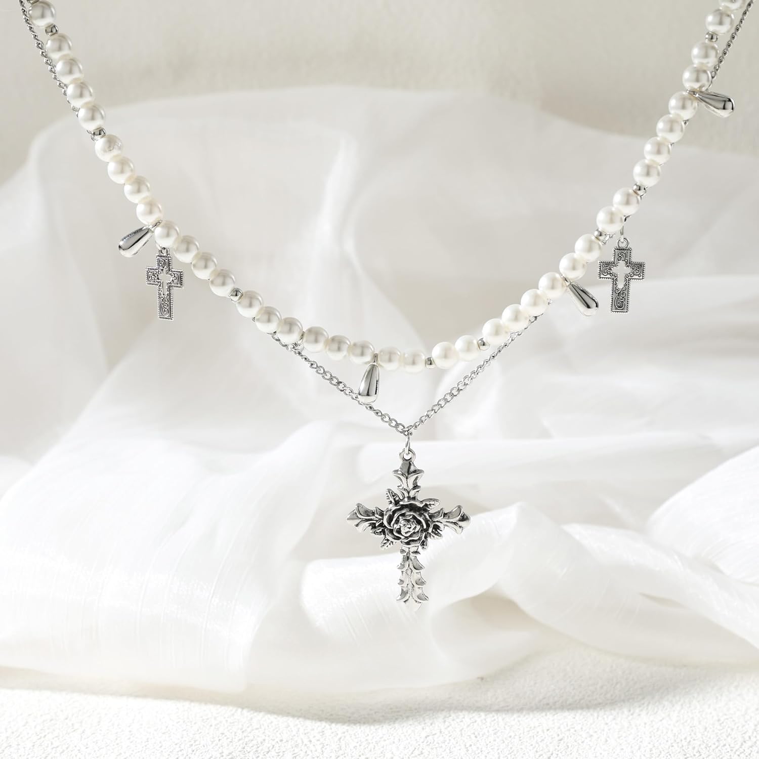 Gothic Cross Layered Necklaces, Goth Stacked Pearl Necklace with Cross Pendant for Women, Adjustable Statement Chunky Silver Jewelry for Women Cosplay Birthday Party Y2k Fashion Accessories - Image 5