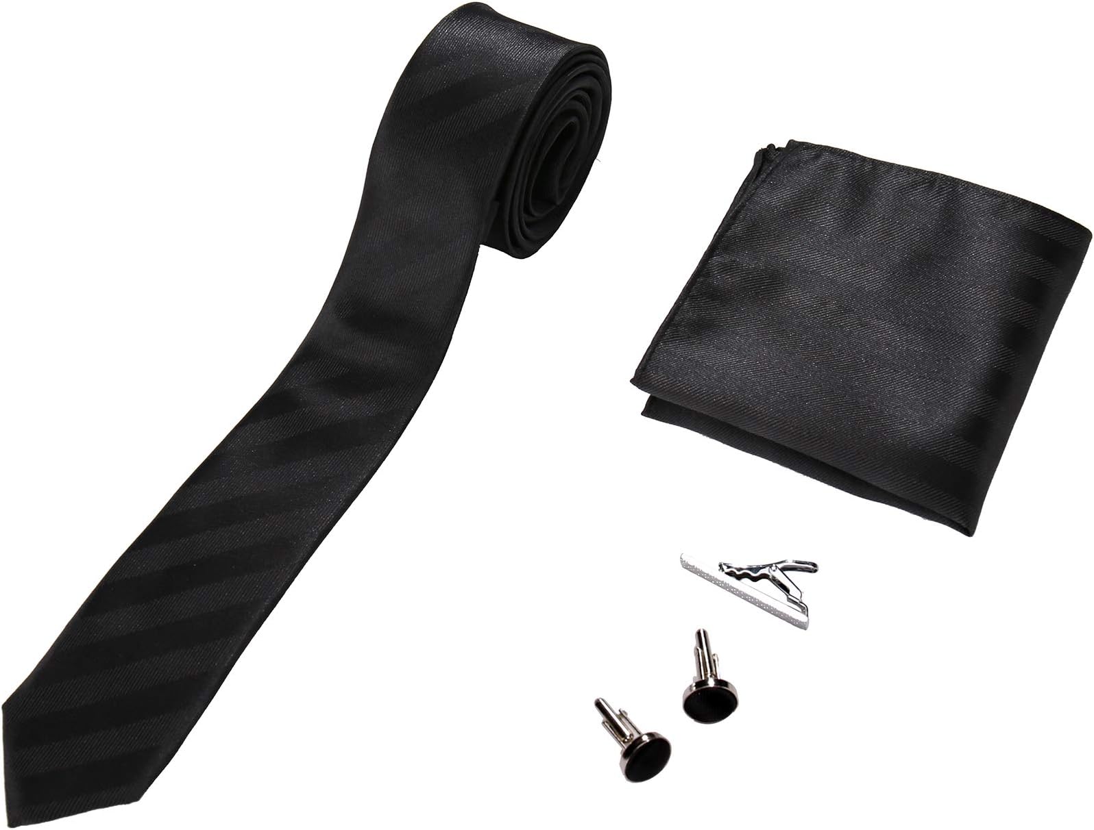 Mens Skinny Tie, Cufflinks, Pocket Square and Tie Clip Set