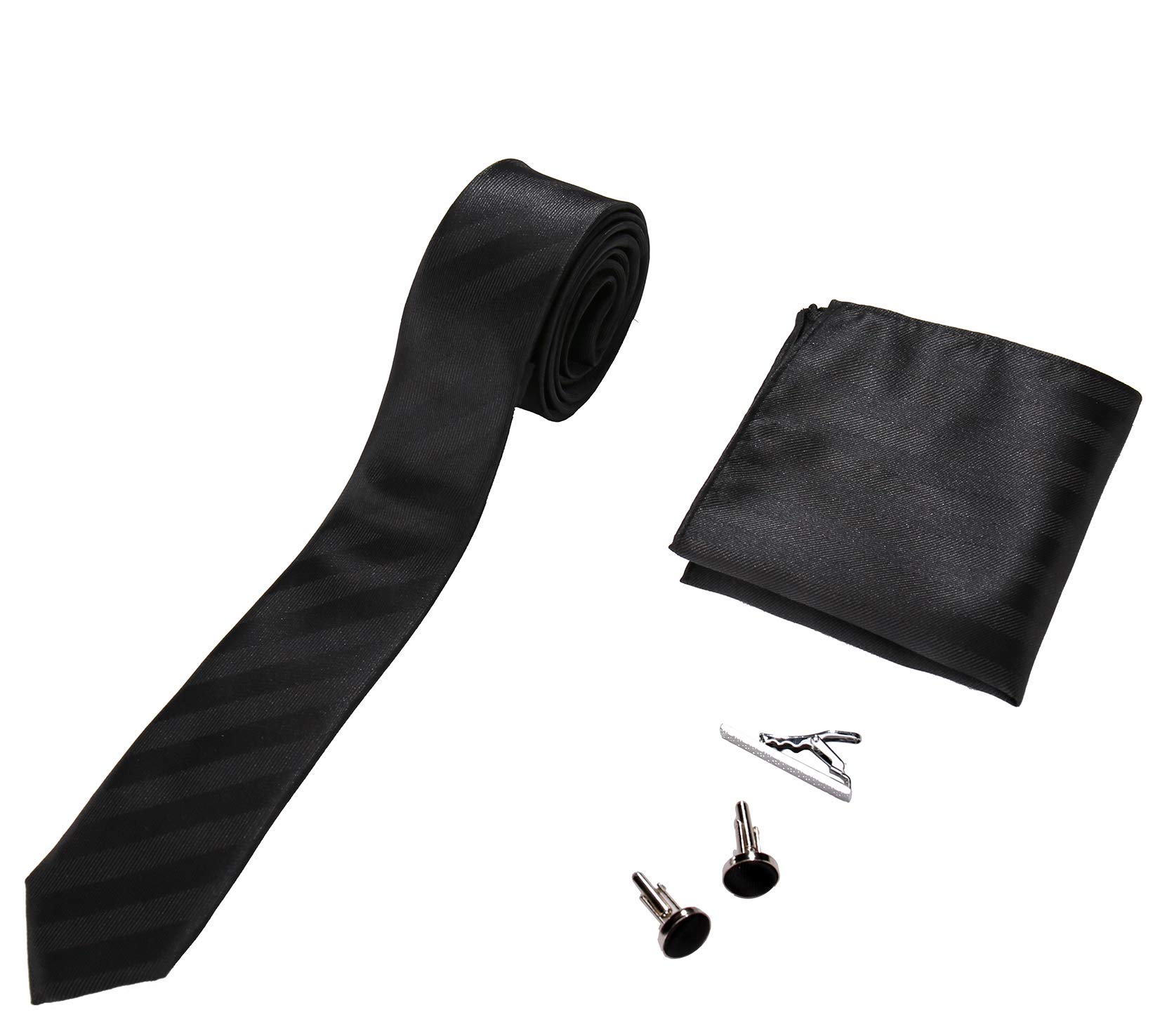 Mens Skinny Tie, Cufflinks, Pocket Square and Tie Clip Set