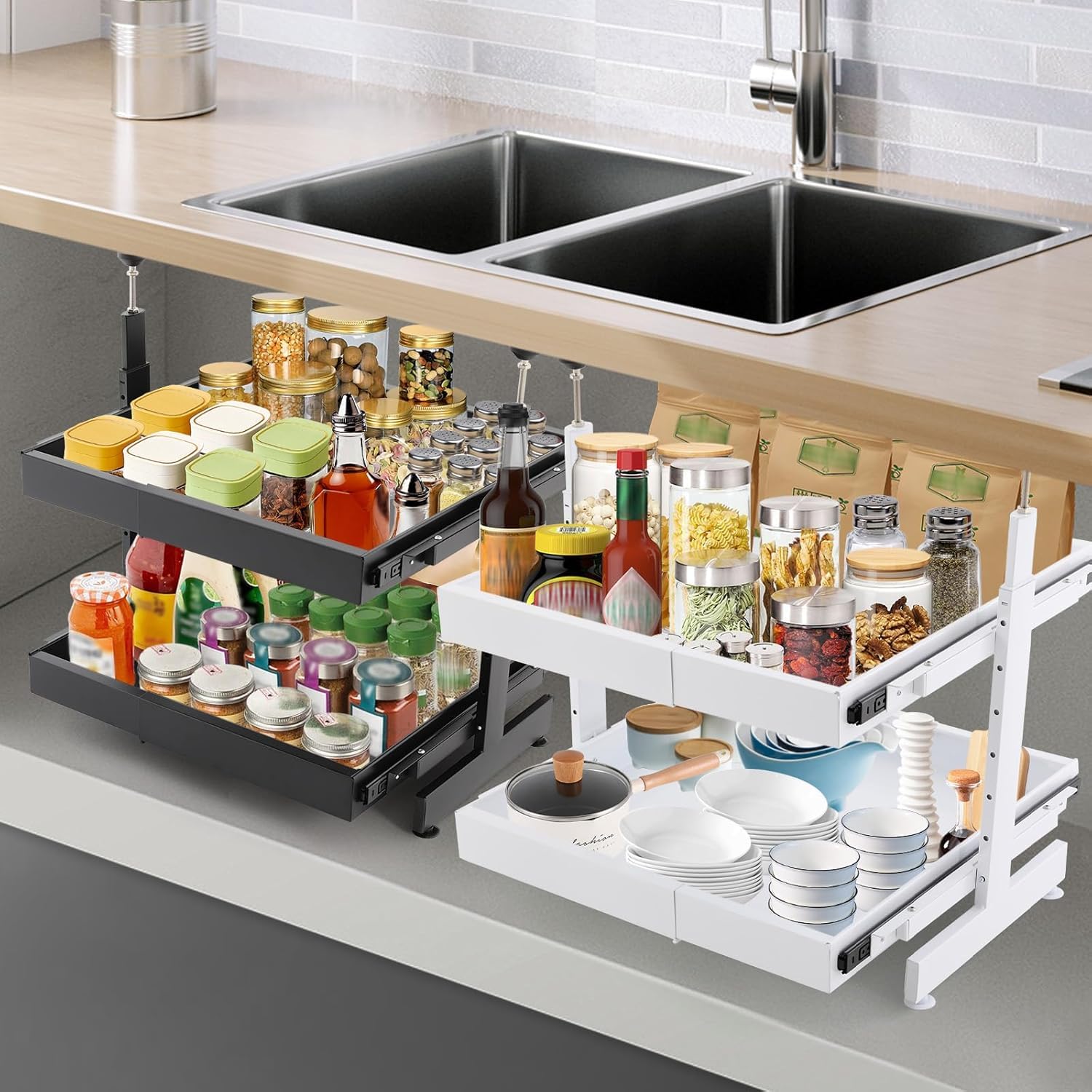 Organizzatore A Cassetti Estraibili A 2 Livelli Espandibili - profondità 53 Cm (21 Pollici) - Soluzione di Stoccaggio per Mobili da Cucina, Dispensa, Bagno E Scaffali di Casa.