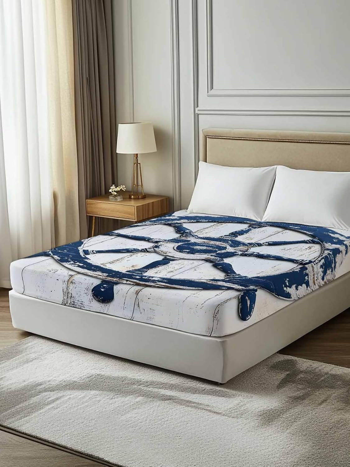 Top Sheet Full Bedding Flat Sheet Only, Summer Nautical Blue Sailing Rudder Microfiber Bed Sheets Soft Breathable Bedding Flat Sheets, Vintage Wooden Board Hotel Luxury Top Sheets