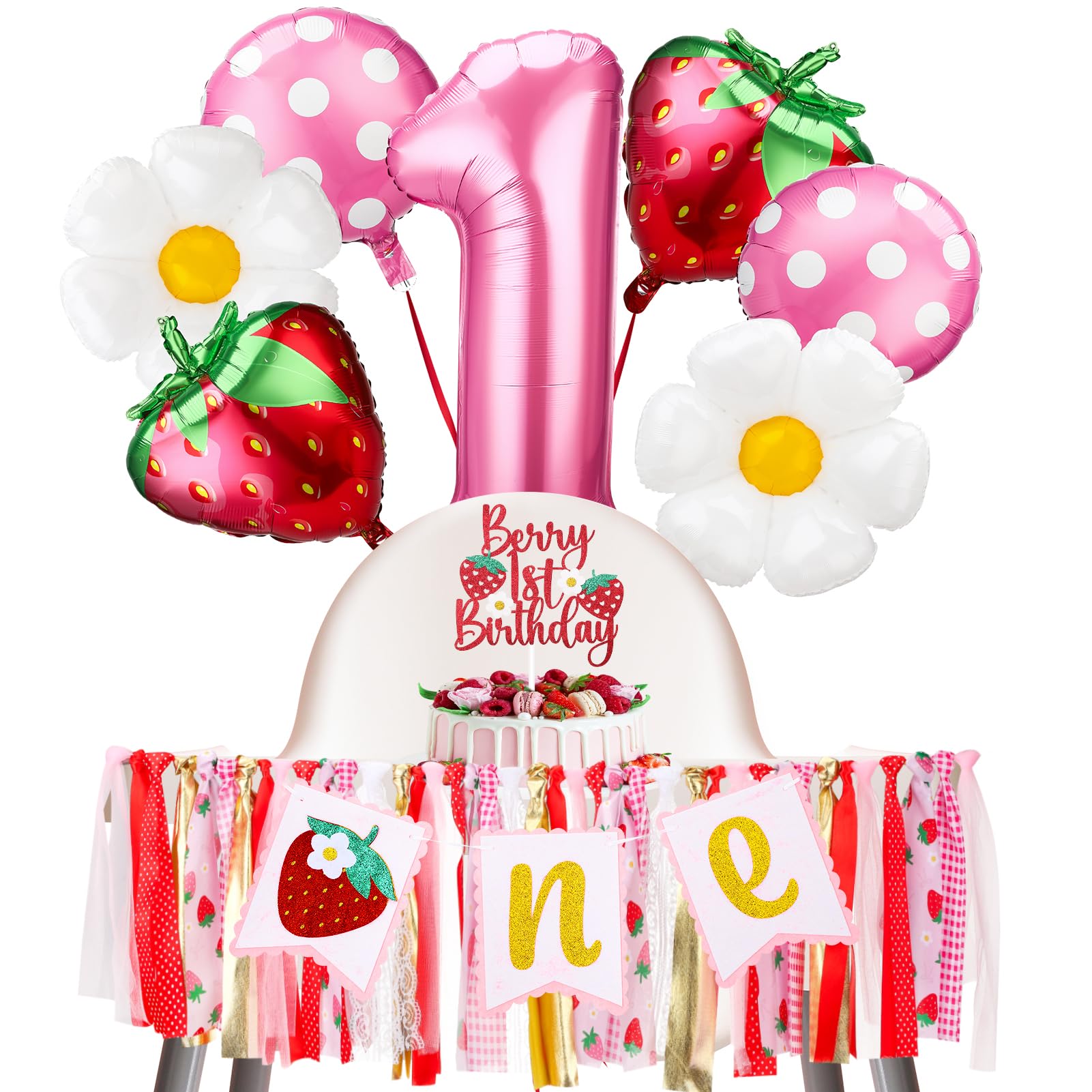 Strawberry Berry First Birthday Decoration Sweet First High Chair Banner Pink One Balloon Strawberry Daisy Balloons, Berry 1st Birthday Decorations