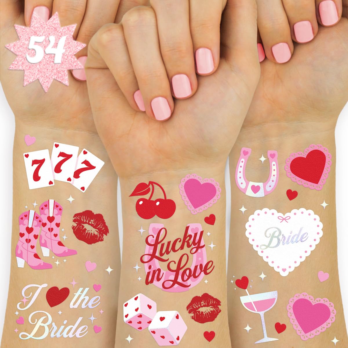 xo, Fetti Lucky in Love Temporary Tattoos - 54 Iridescent Foil Pcs | Western Bachelorette Party, Cherry Favors, Vegas Bridal Accessory, Casino Bach