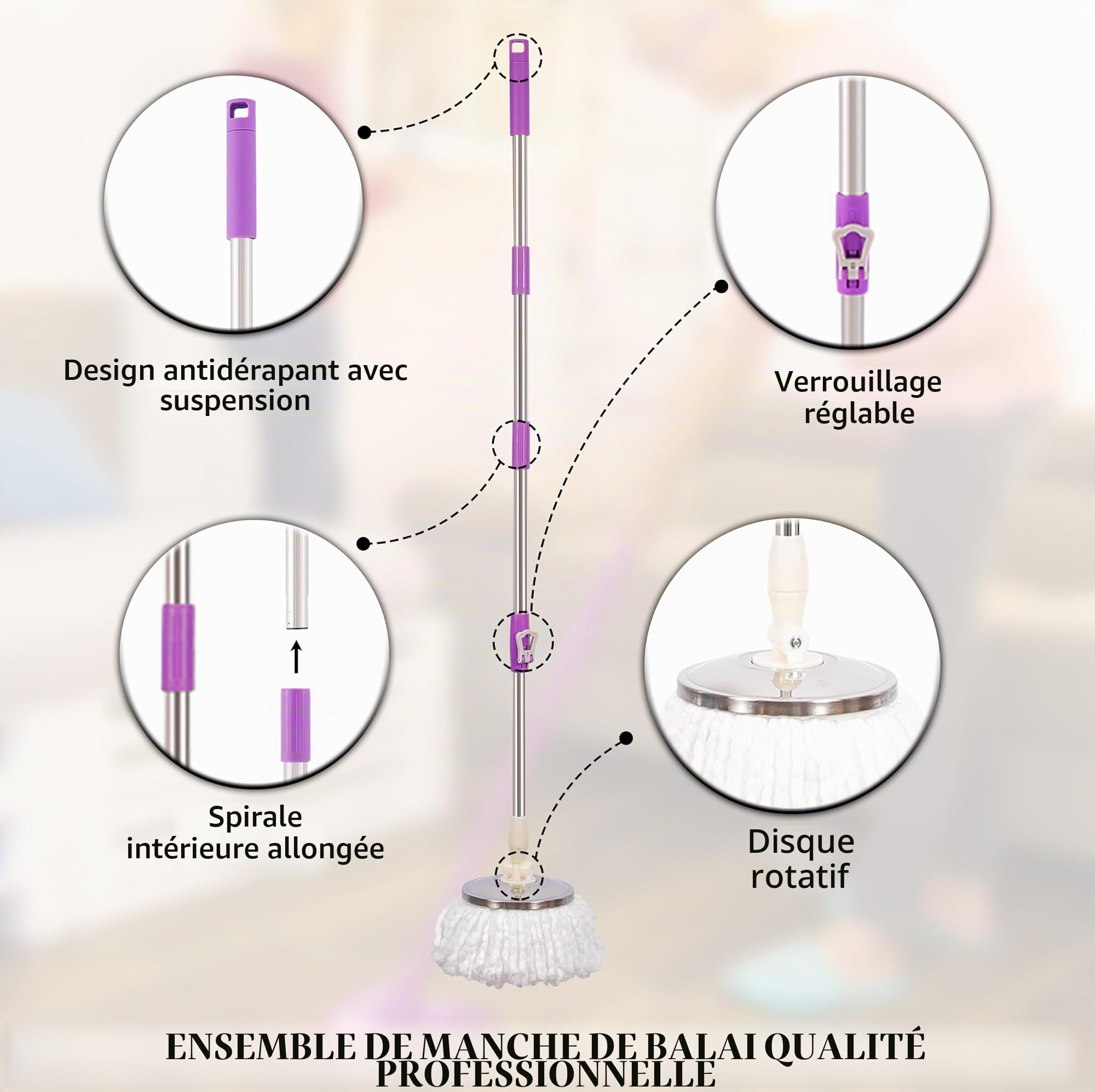 ARSUK Balai Rotatif 360° – Balai serpillère Ajustable, Manche Acier Inoxydable Extensible 127 cm – 2 Têtes Microfibre Remplaçables – Nettoyage Efficace sans Effort