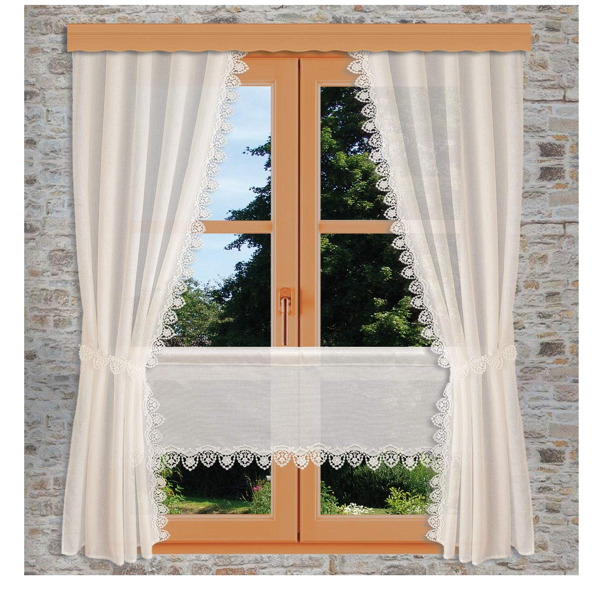 Seitenschalgarnitur Merida Vogtländische Spitze in natur | Set 4-teilig mit 2 Dekoschals und 2 Raffhaltern | Landhausgardinen mit geblümter Stickereikante | Vorhang-Set Höhe x Breite 180 x 80 cm