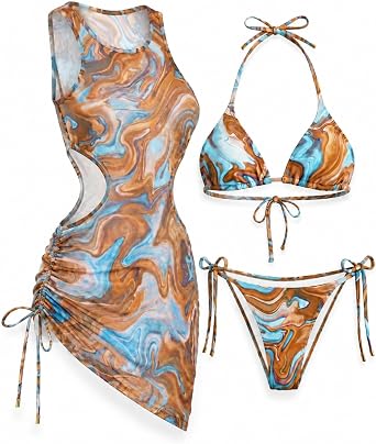 3 Piece Swimsuits Mesh Coverup Bathing Suits Sexy Triangle Bikini Sets