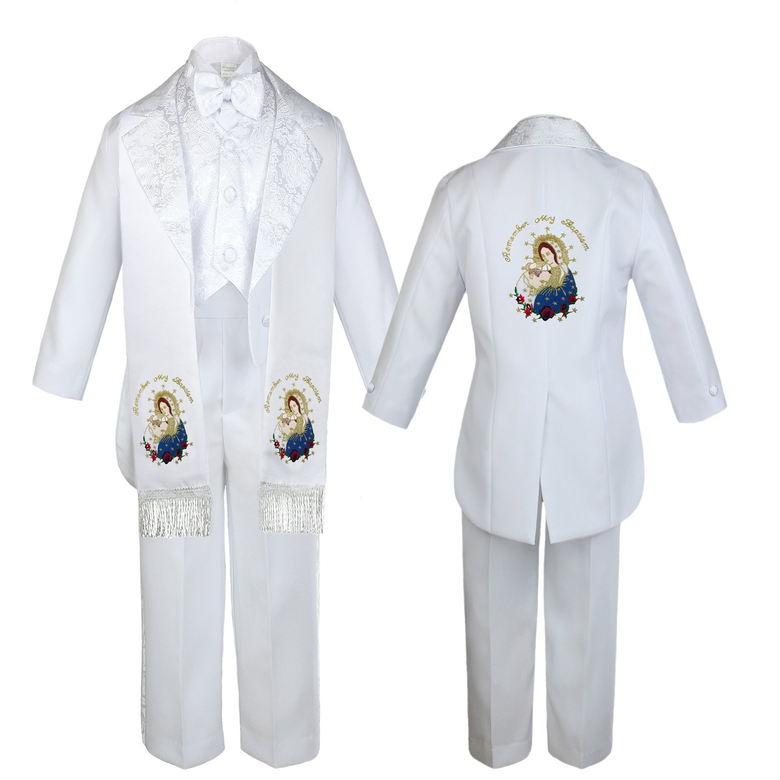 Unotux Boy Baby Kid Christening White Paisley Tail Tuxedo Color Maria Pope Stole Sm-7 (3T, Color Gold in English)