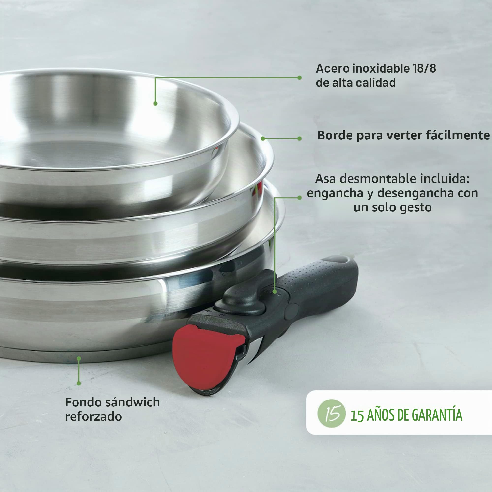 Qdesign - Batería de cocina de inducción de 10 piezas, juego de 3 ollas, 3 sartenes y 3 tapas, coladores con mango extraíble, acero inoxidable, juego para todo fuego, color plateado