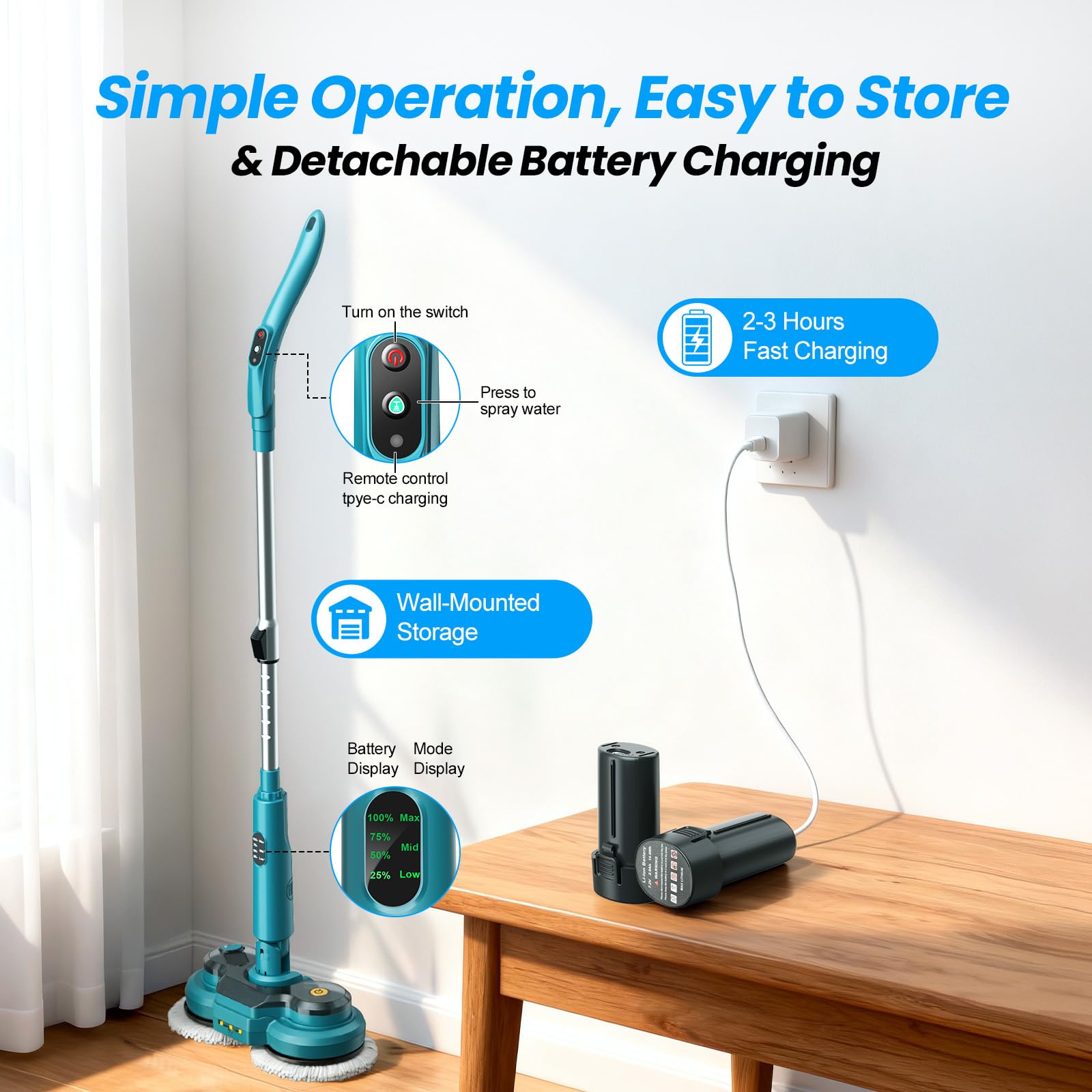 Mopa eléctrica inalámbrica, fregona de limpieza de pisos de doble giro con 2 baterías de 2000 mAh, pulverizador de agua/faros LED/pantalla inteligente/pulidora de suelo de mano de 400 RPM con tanque