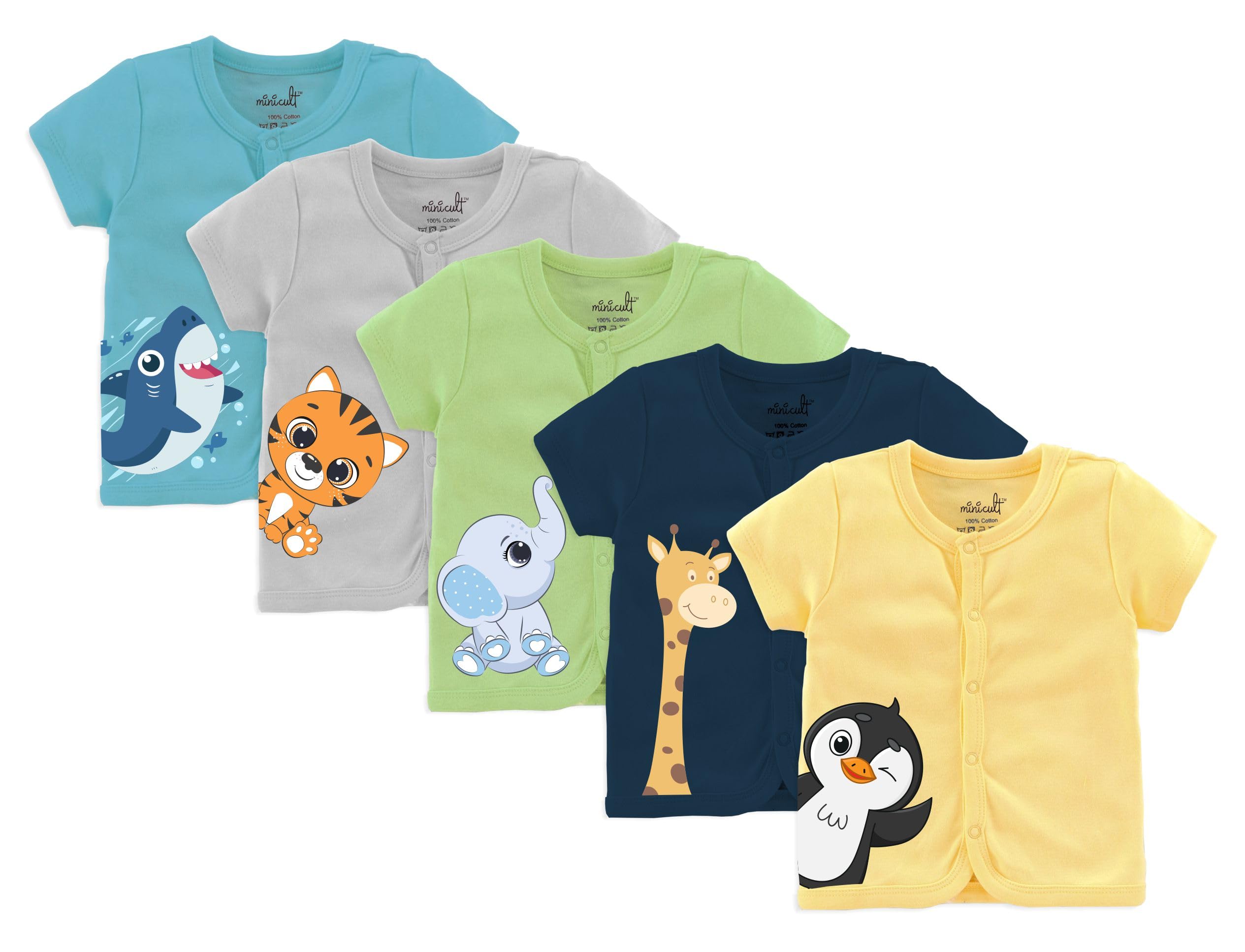 minicult Set of Cotton Unisex Front Open T-Shirt with snap Buttons Pack 5 jhabla
