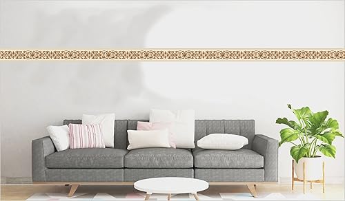 Miniatura 4 de Dundee Deco Papel tapiz para despegar y pegar DDAZBD9104 Damasco Beige Marrón Vines Scrolls Wall Border Diseño Retro 15 pies x 7 pulgadas (15.0 ft x