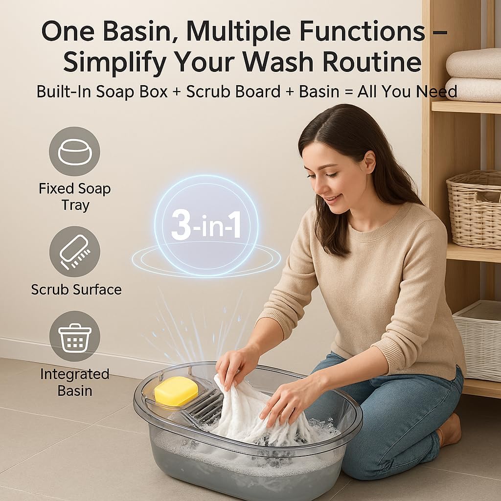 19 inch large washboard for hand washing clothes basin with washing board for laundry wash board for laundry laundry washboard for hand washing clothes pants towels socks etc (transparent gray)