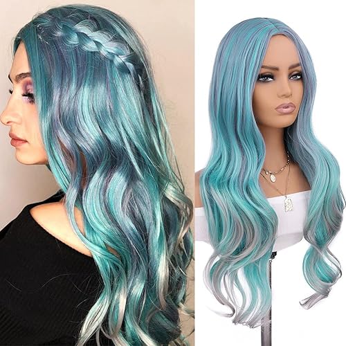 Fancy Hair Long Blue Wavy Wigs for Women Corlorful Wig Mixed Blue Green Gray Purple Color Hair Middle Part Synthetic Heat Resistant Fiber Wigs Hair for Daily Party Use (Multi Blue)